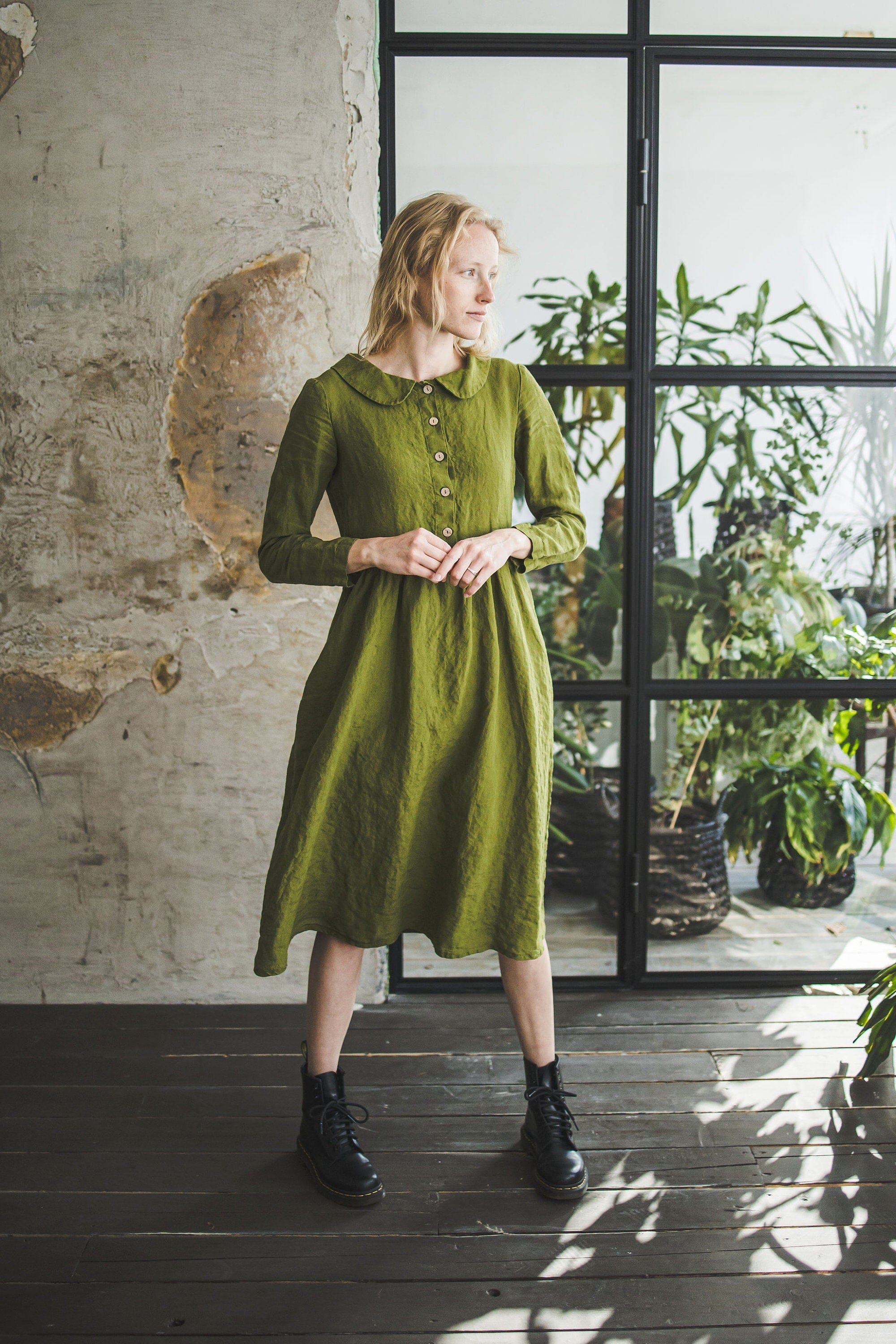 Boho Elegant Collared Linen Women Dress D45 Old Linen Mill