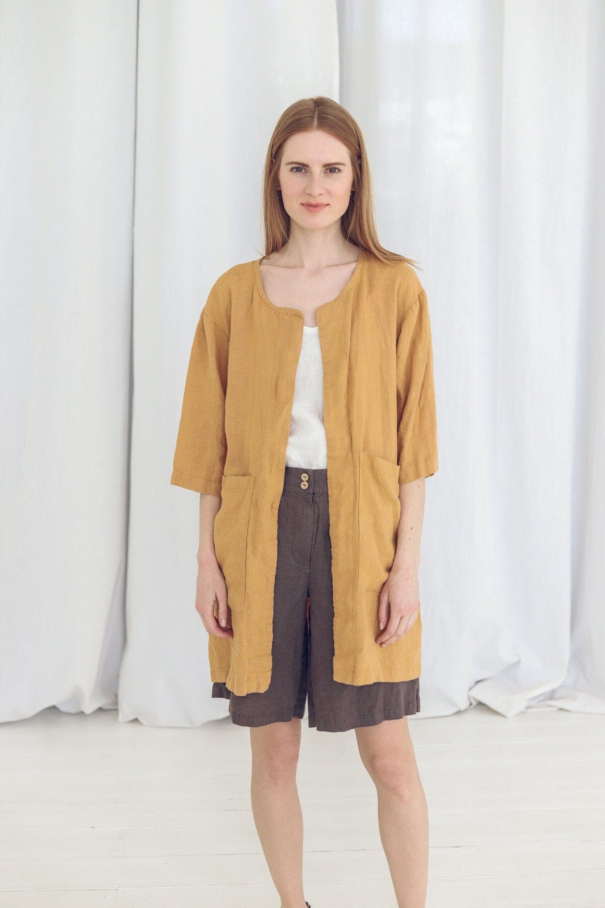 Boho Linen Cardigan for Women Old Linen Mill Small Grey Checks XS/S