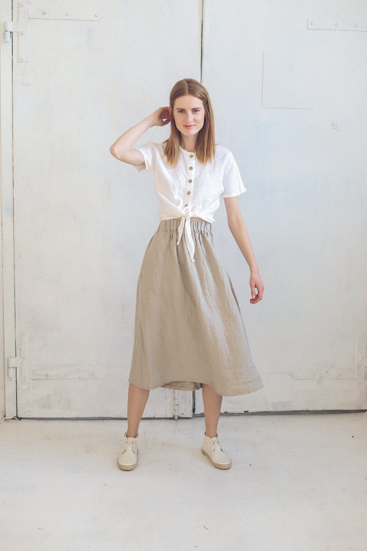 Boho Linen Skirt with Elastic Waistband Old Linen Mill