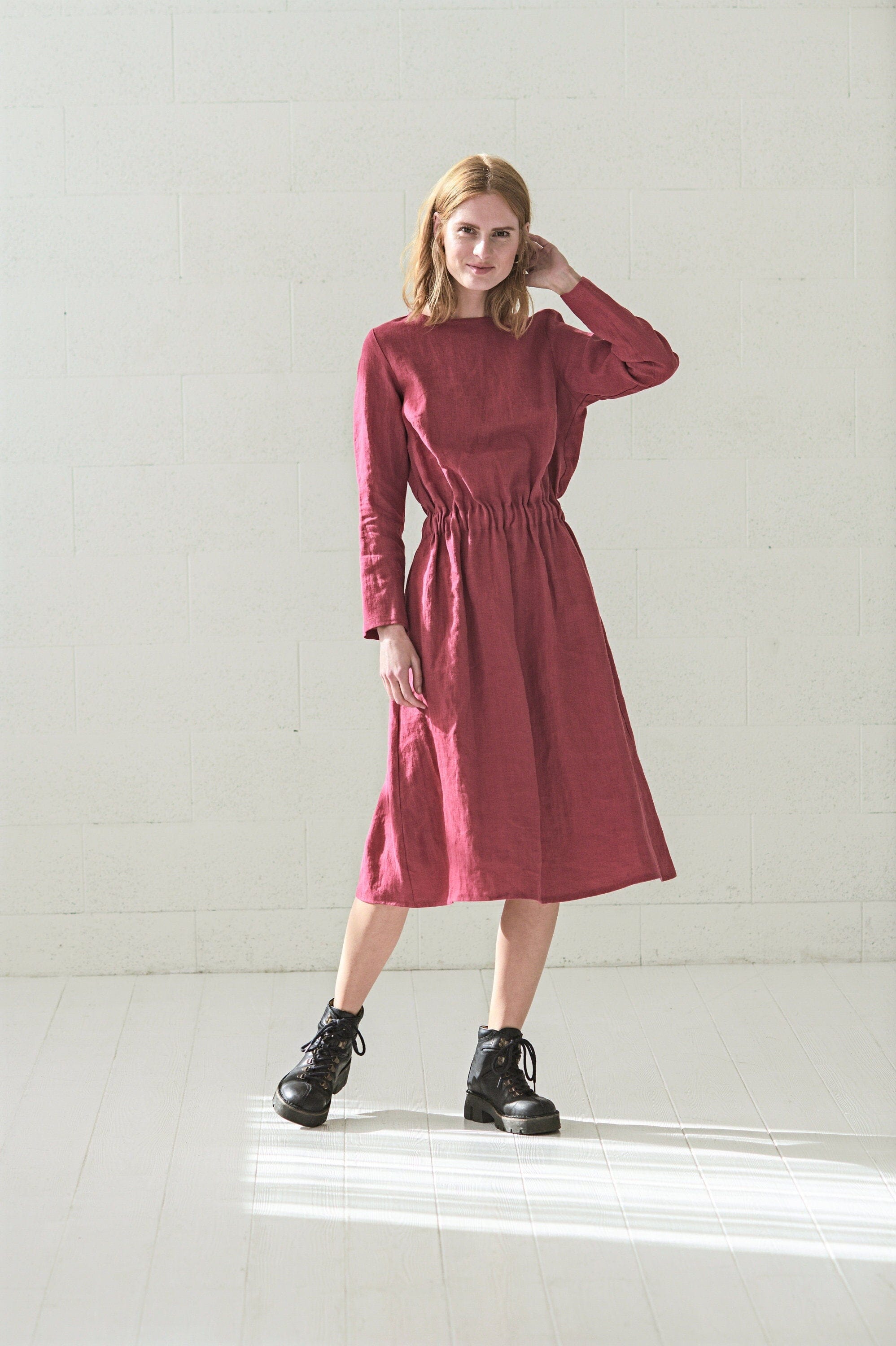 Boho Long Sleeves Linen Dress Old Linen Mill Small Grey Checks XS