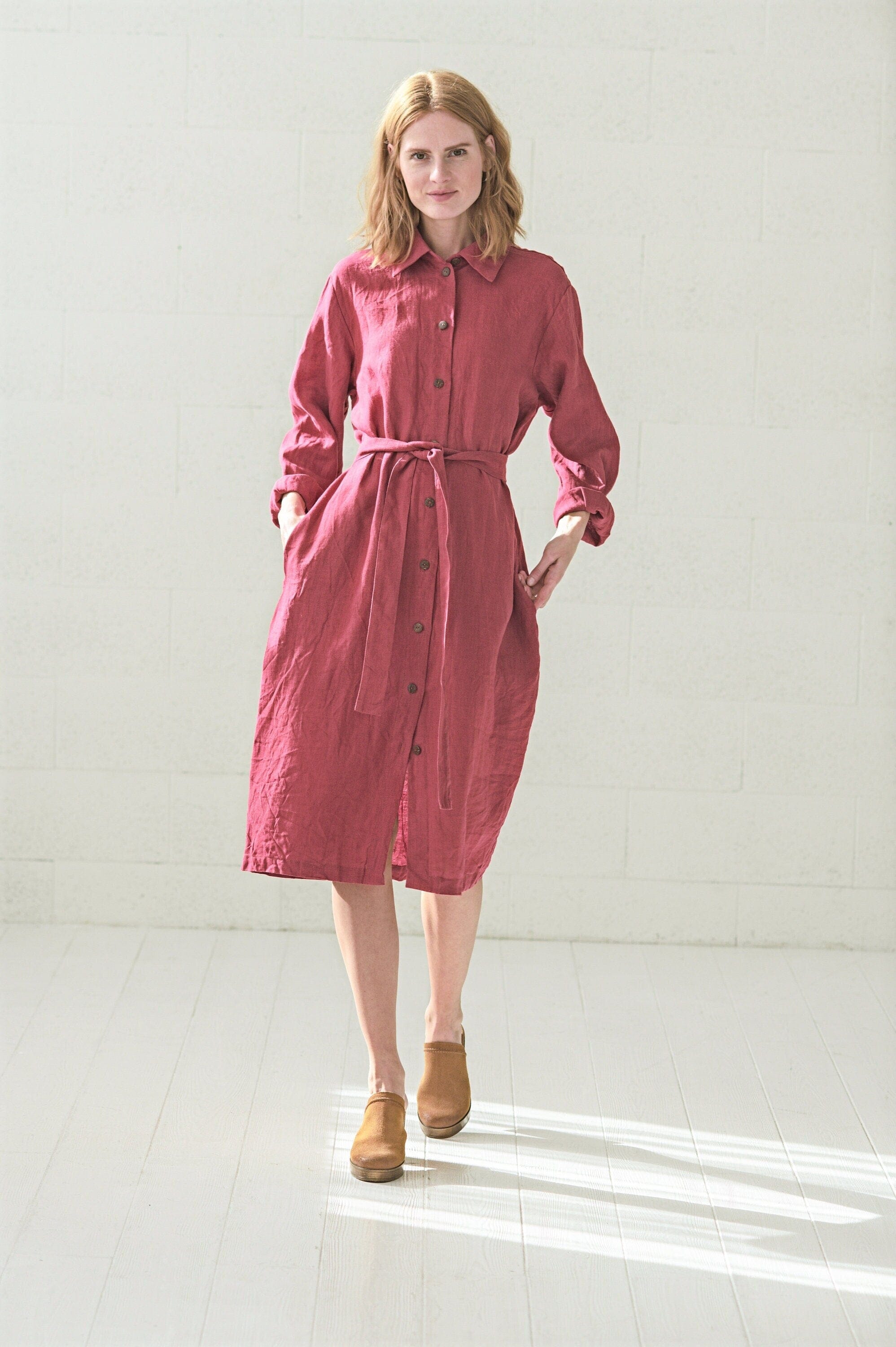 Casual Long Linen Shirt Dress Old Linen Mill Dark Aubergine XS/S