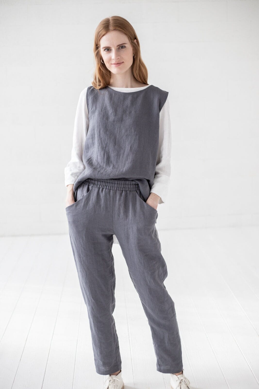 Casual Loose Linen Pants Old Linen Mill Solid Grey XS