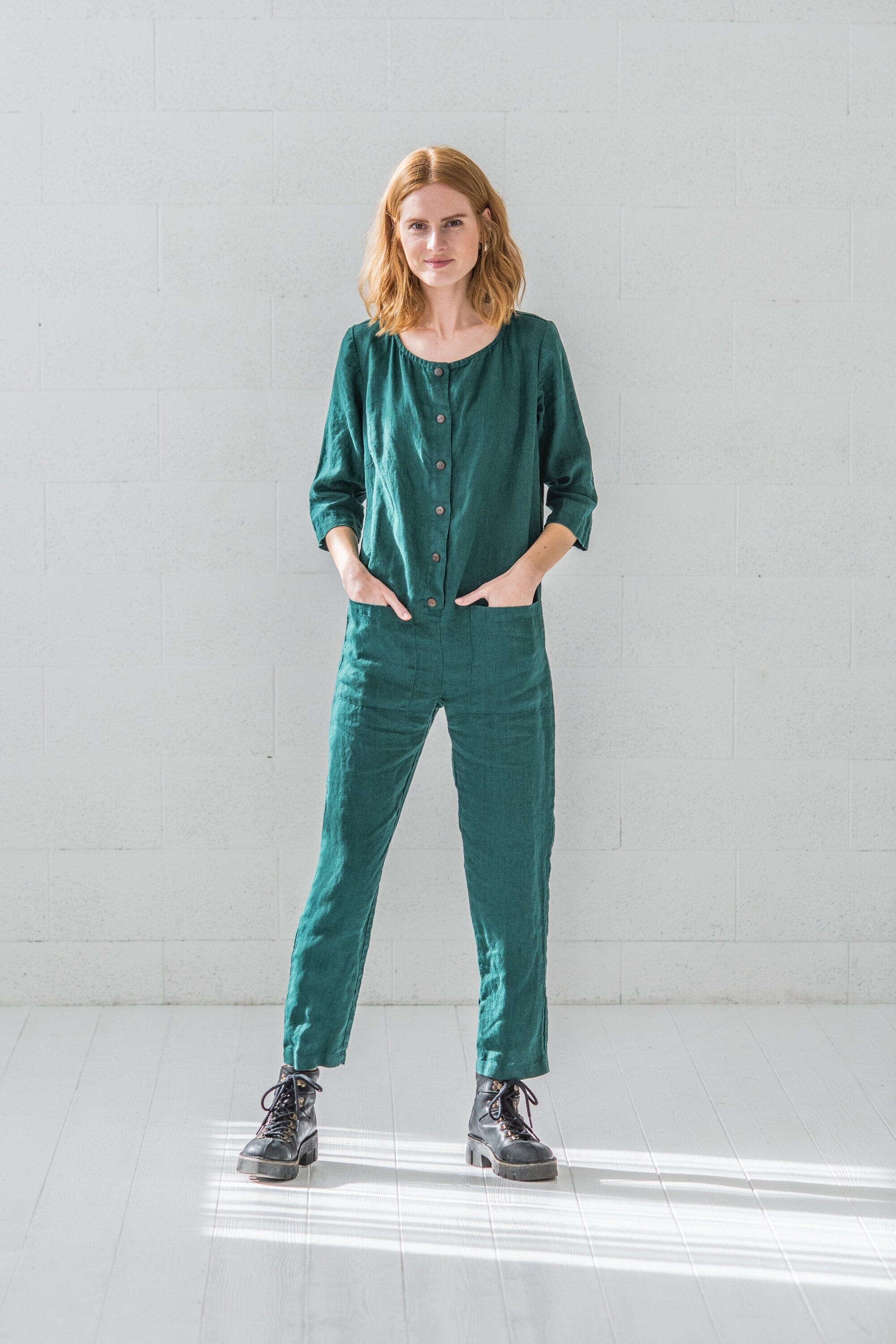 Casual Loose Linen Soft Jumpsuit Old Linen Mill Small Grey Checks XS