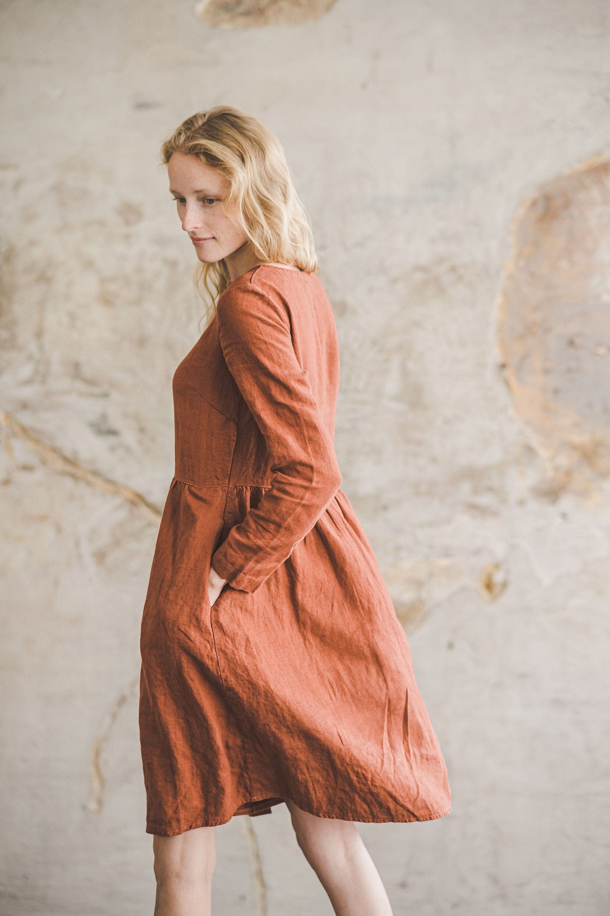 Casual Midi Long Sleeves Linen Dress Old Linen Mill