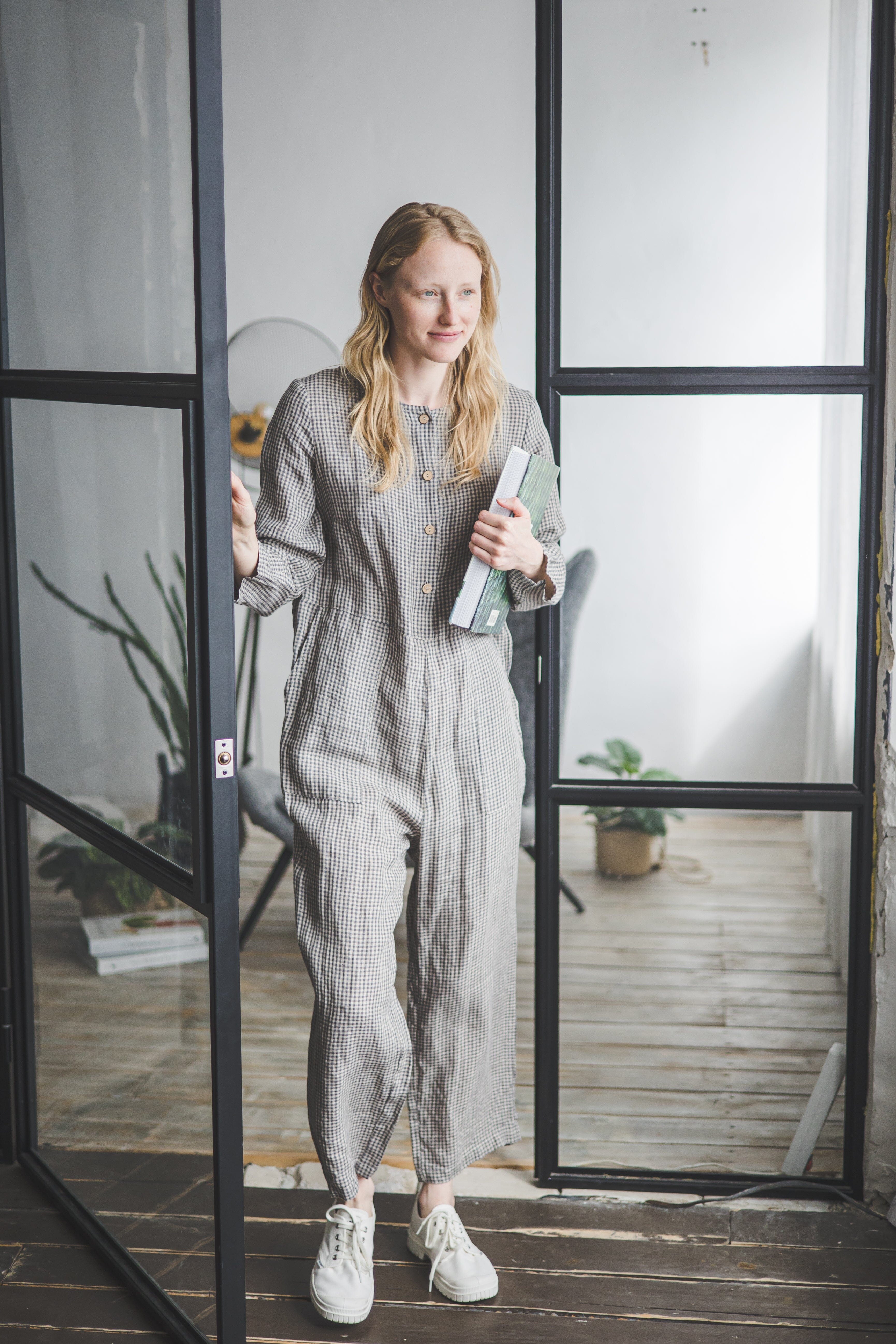 Checkered Linen Loose Jumpsuit Old Linen Mill