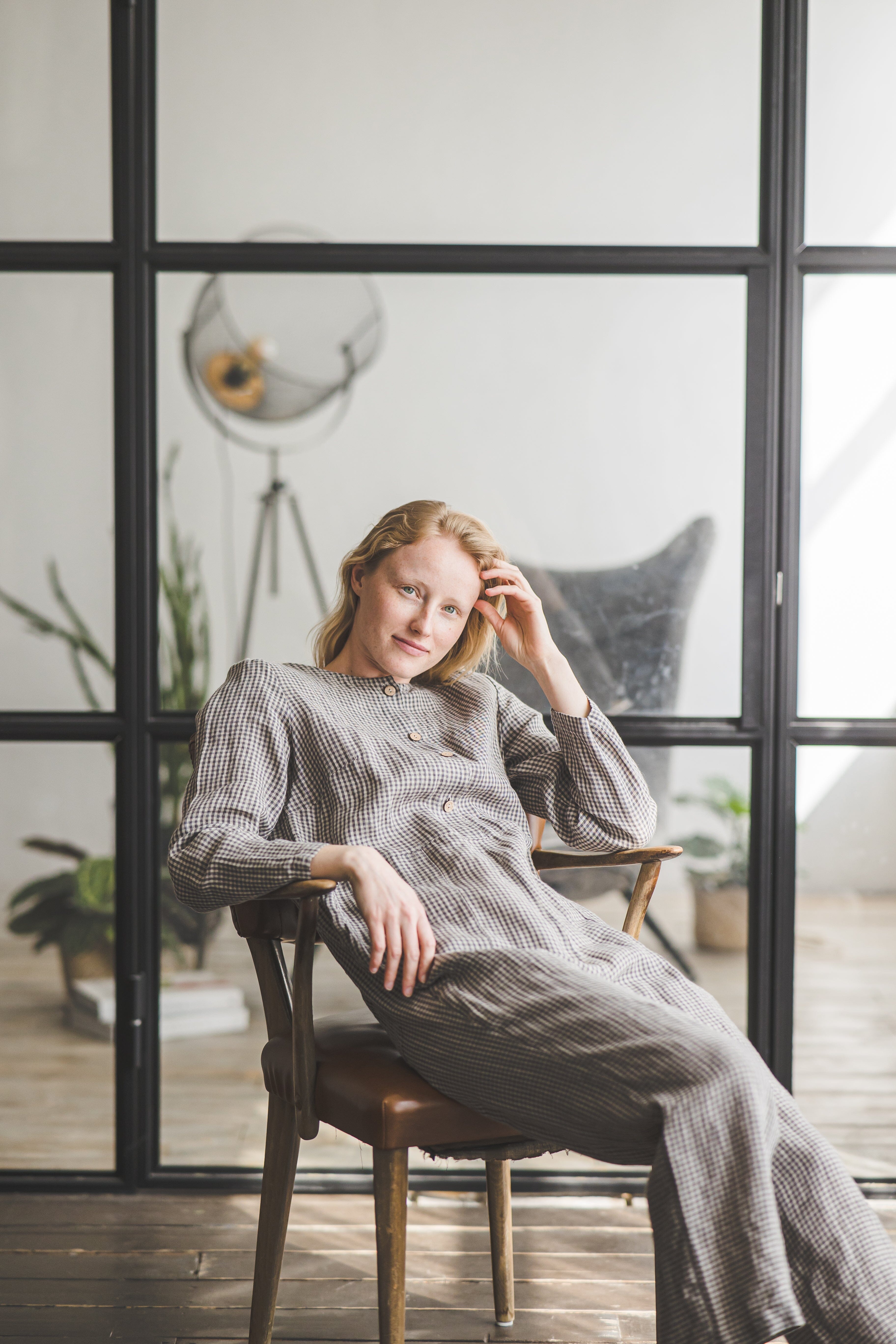 Checkered Linen Loose Jumpsuit Old Linen Mill