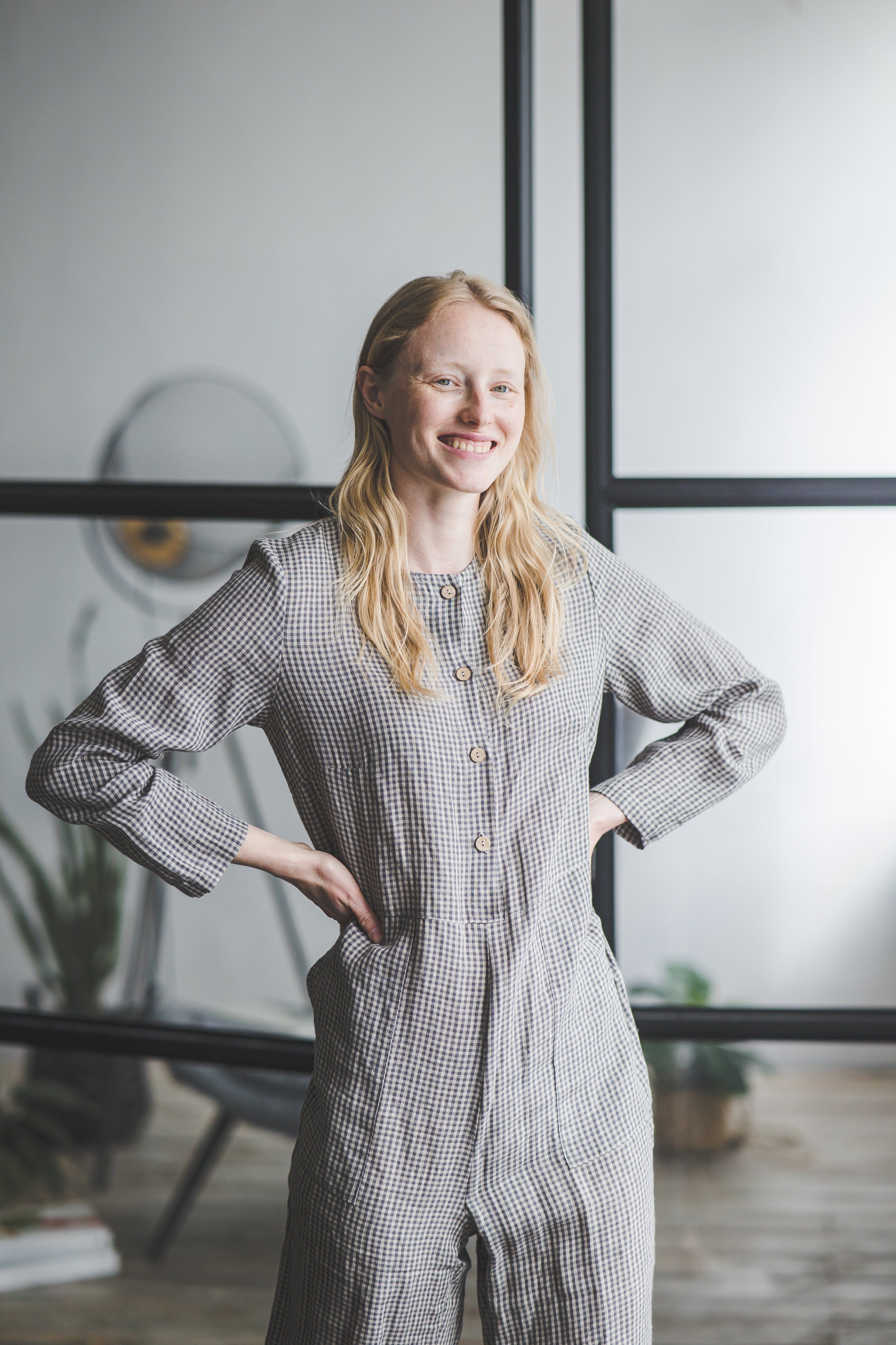 Checkered Linen Loose Jumpsuit Old Linen Mill