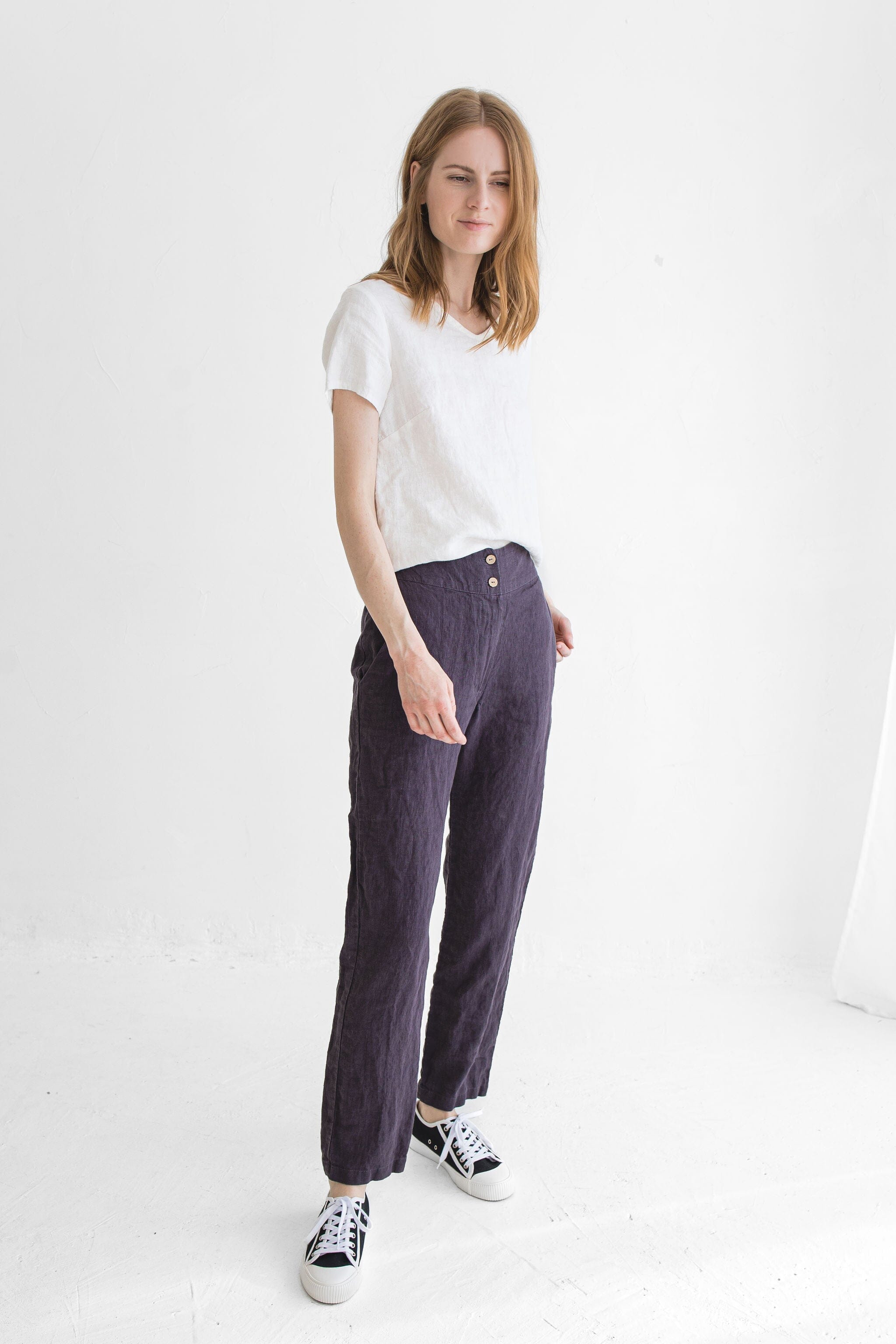 Classic Linen Pants / Slim Mid Waist Linen Pants / Straight Flax Linen Trousers Old Linen Mill Dark Forest XS