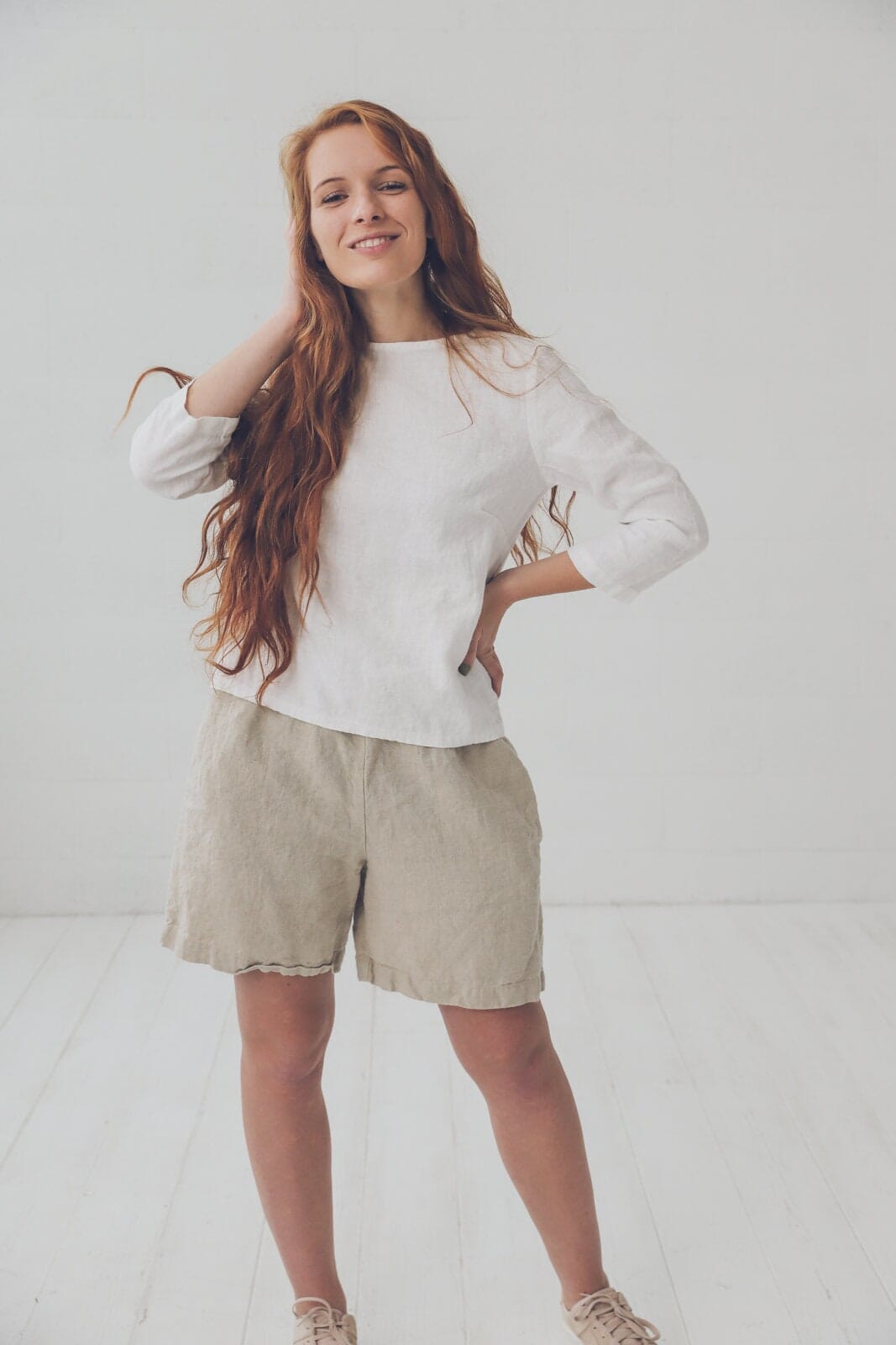 Classic Linen Top 3/4 Sleeves Blouse Old Linen Mill Small Grey Checks XS