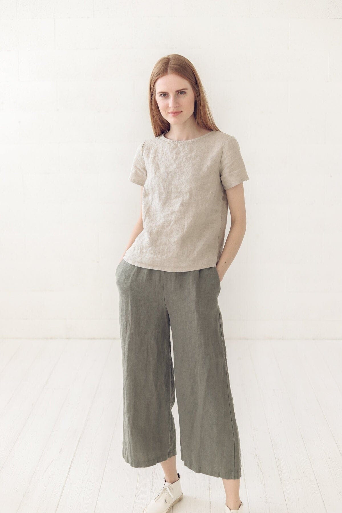 Classic Linen Top Minimalist Blouse Old Linen Mill Small Grey Checks XS