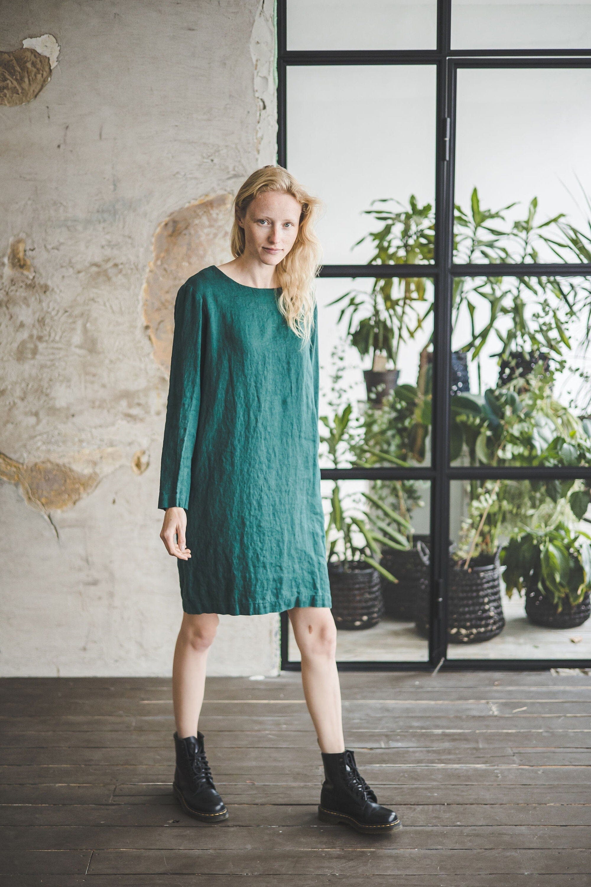 Classic Linen Tunic Dress Old Linen Mill Small Grey Checks XS/S