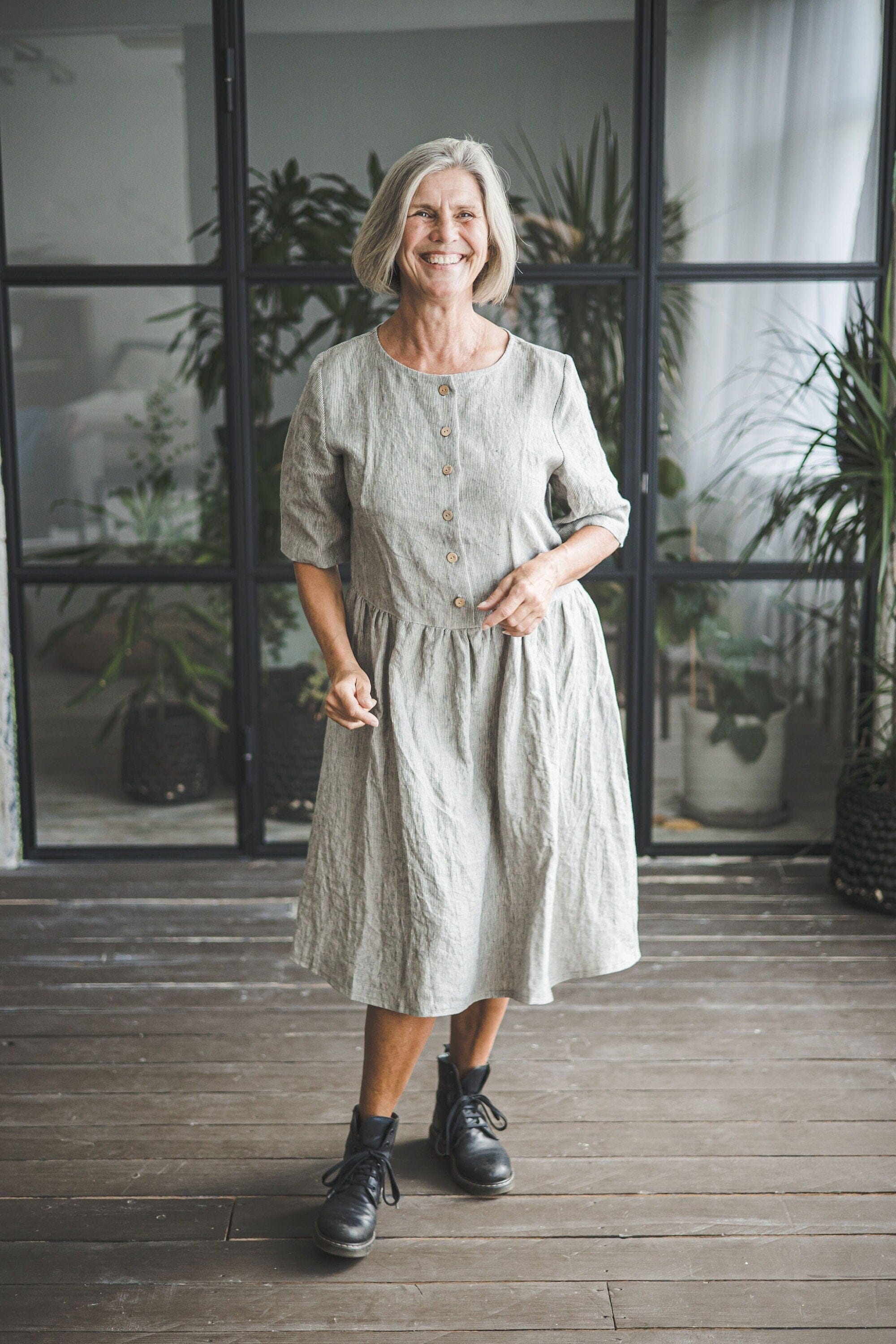 Classic Midi Linen Dress Old Linen Mill Small Grey Checks XS