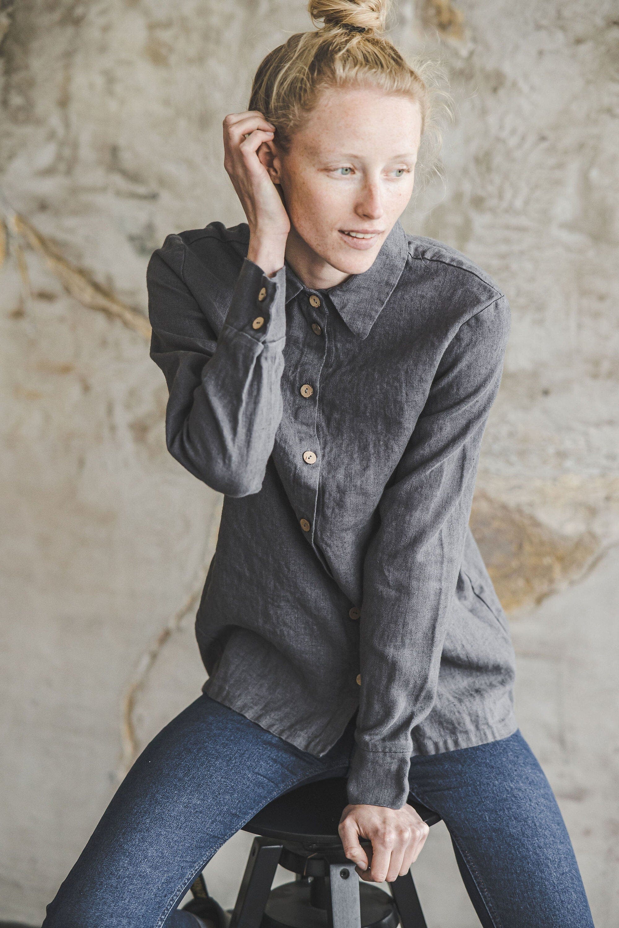 Classic Women's Linen Collar Shirt Old Linen Mill