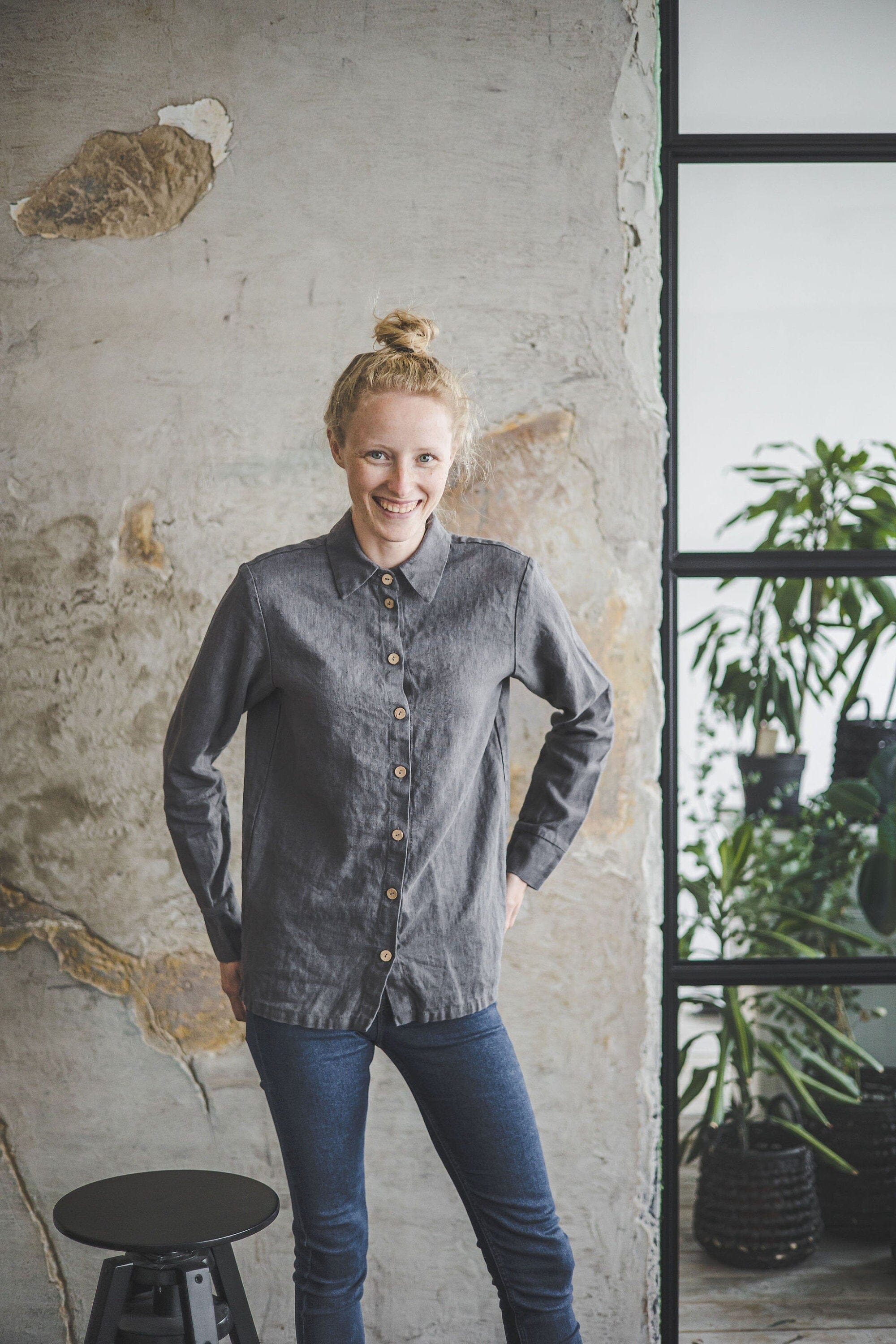 Classic Women's Linen Collar Shirt Old Linen Mill Heavy Beige XS/S