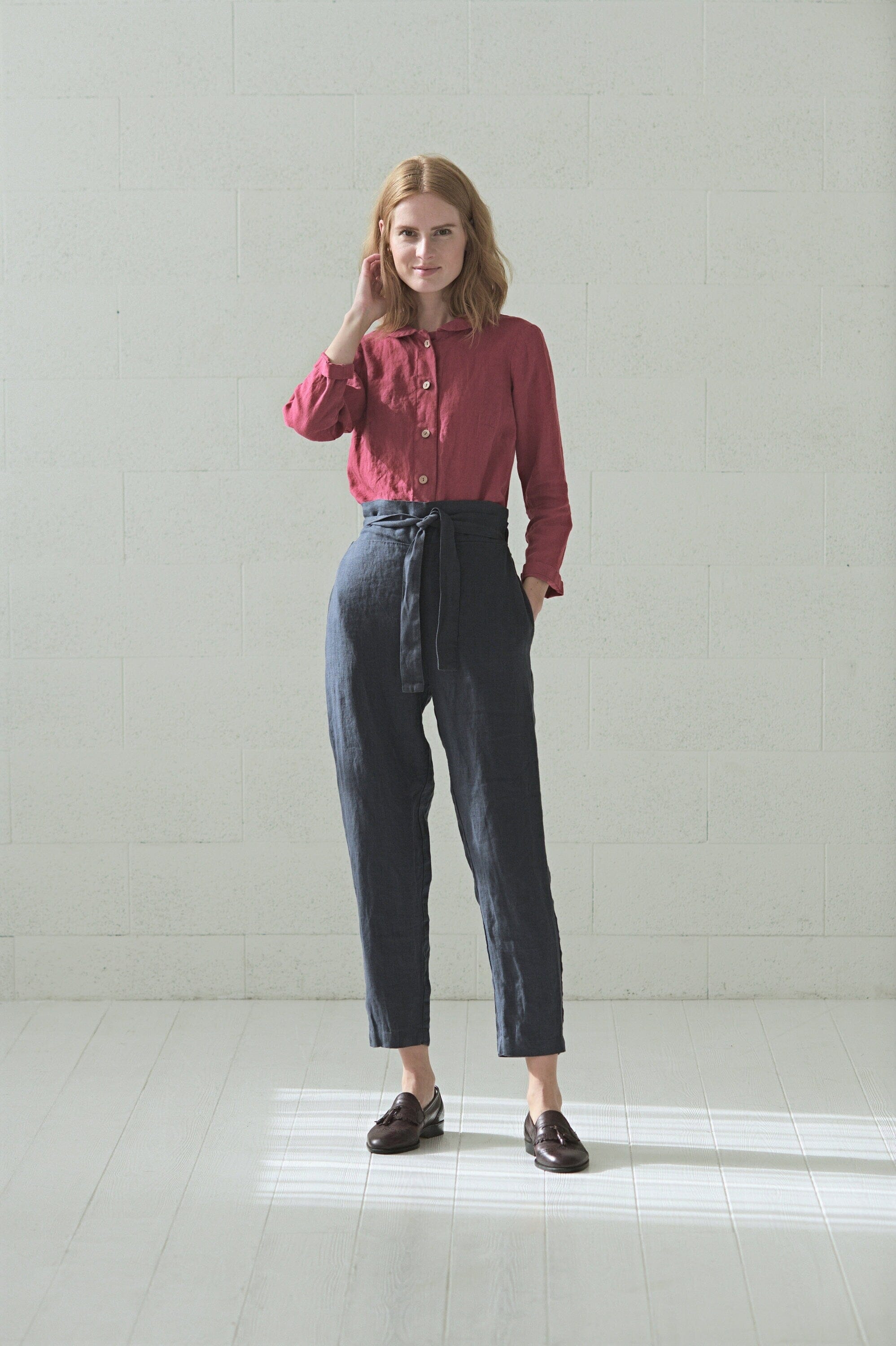 •ÈÀHigh Waisted Soft Linen Pants Old Linen Mill Small Grey Checks XS