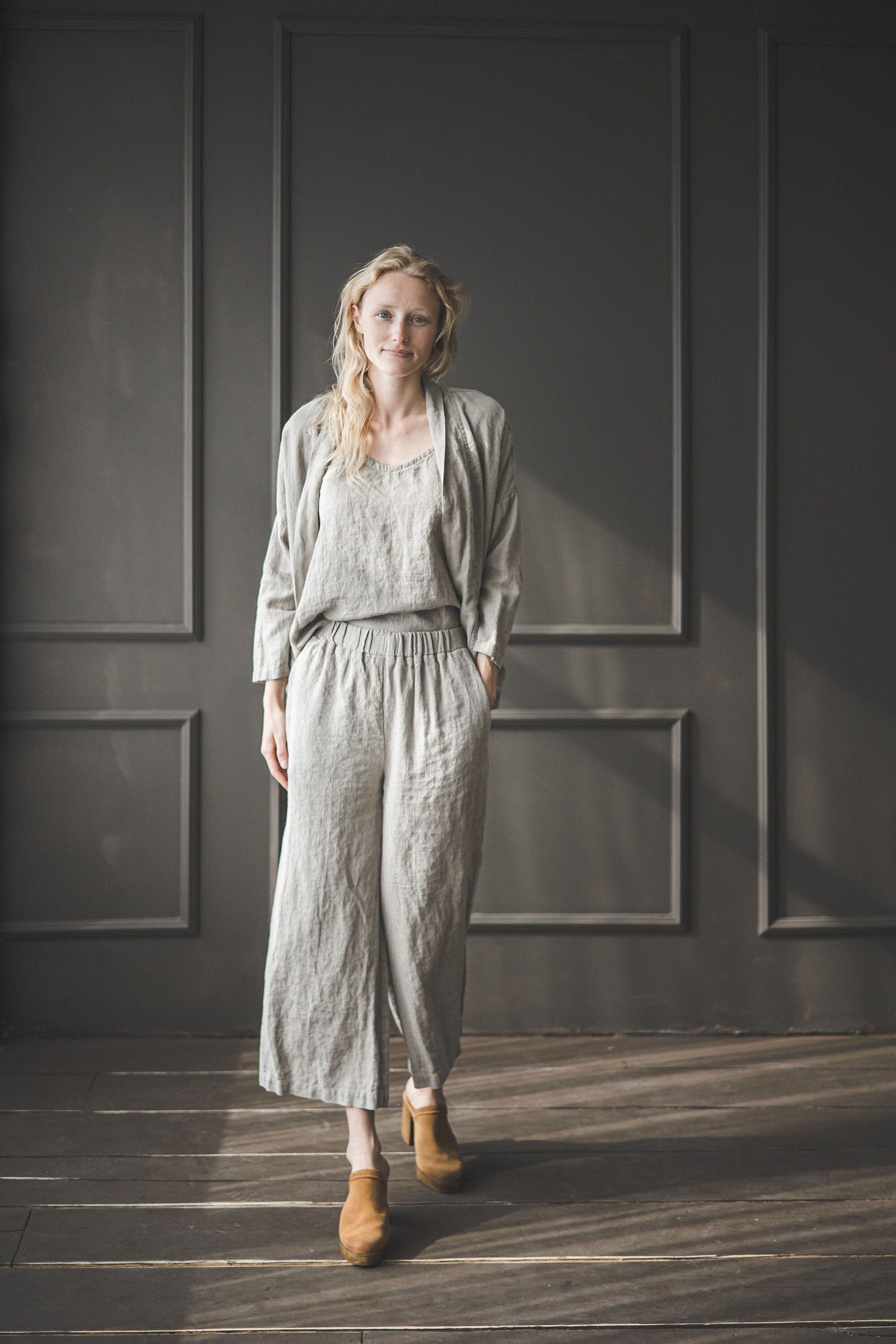 Elastic Waist Linen Pants with Side Pockets Old Linen Mill Small Grey Checks XS/S