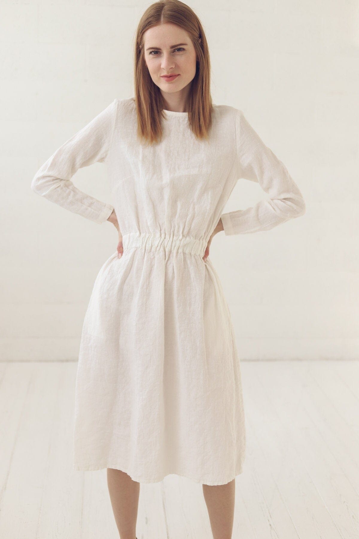 Elegant Fitted Long-Sleeve Soft Linen Dress Old Linen Mill