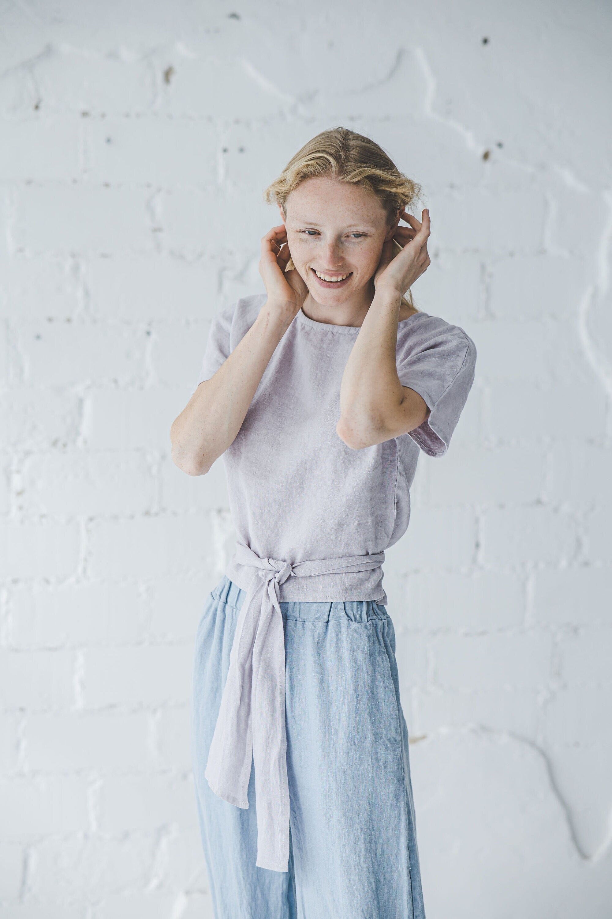 Elegant Kimono Linen Waist Tie Blouse Old Linen Mill