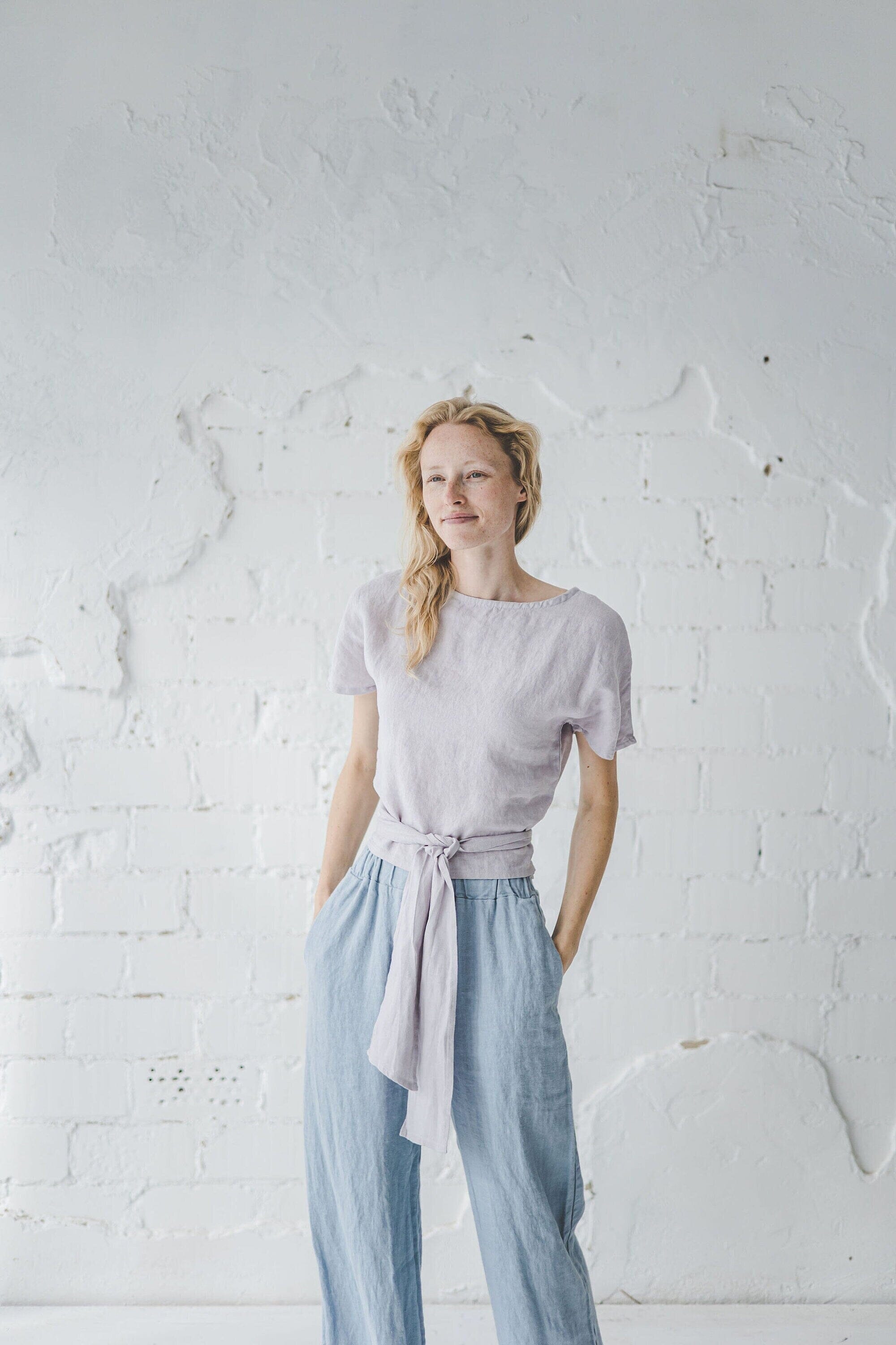 Elegant Kimono Linen Waist Tie Blouse Old Linen Mill Small Grey Checks XS/S