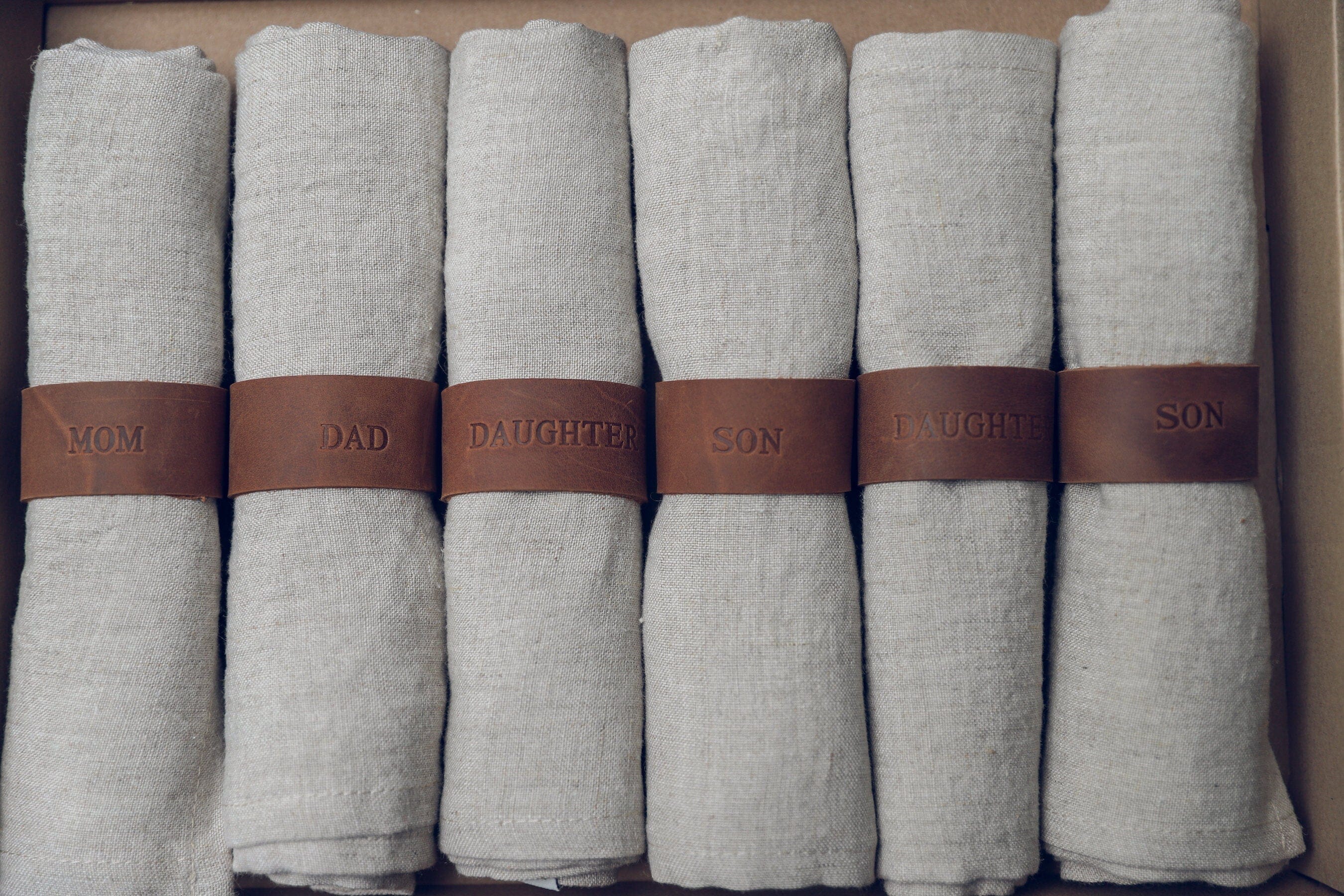 Gift Set of 6 Linen Napkins with Leather Rings Old Linen Mill