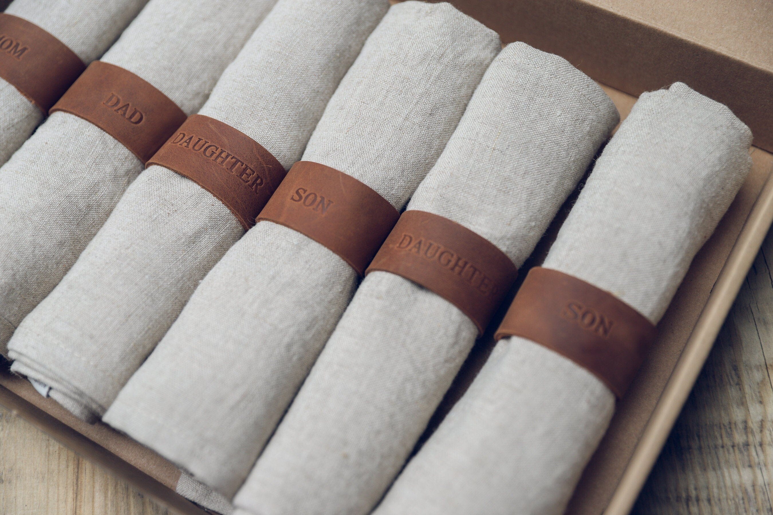 Gift Set of 6 Linen Napkins with Leather Rings Old Linen Mill Small Grey Checks