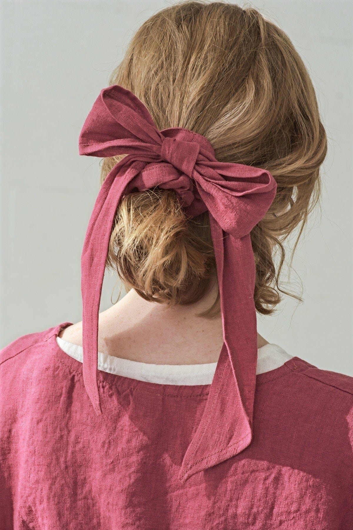 Handmade Linen Hair Bow Tie Scrunchie Old Linen Mill Small Grey Checks
