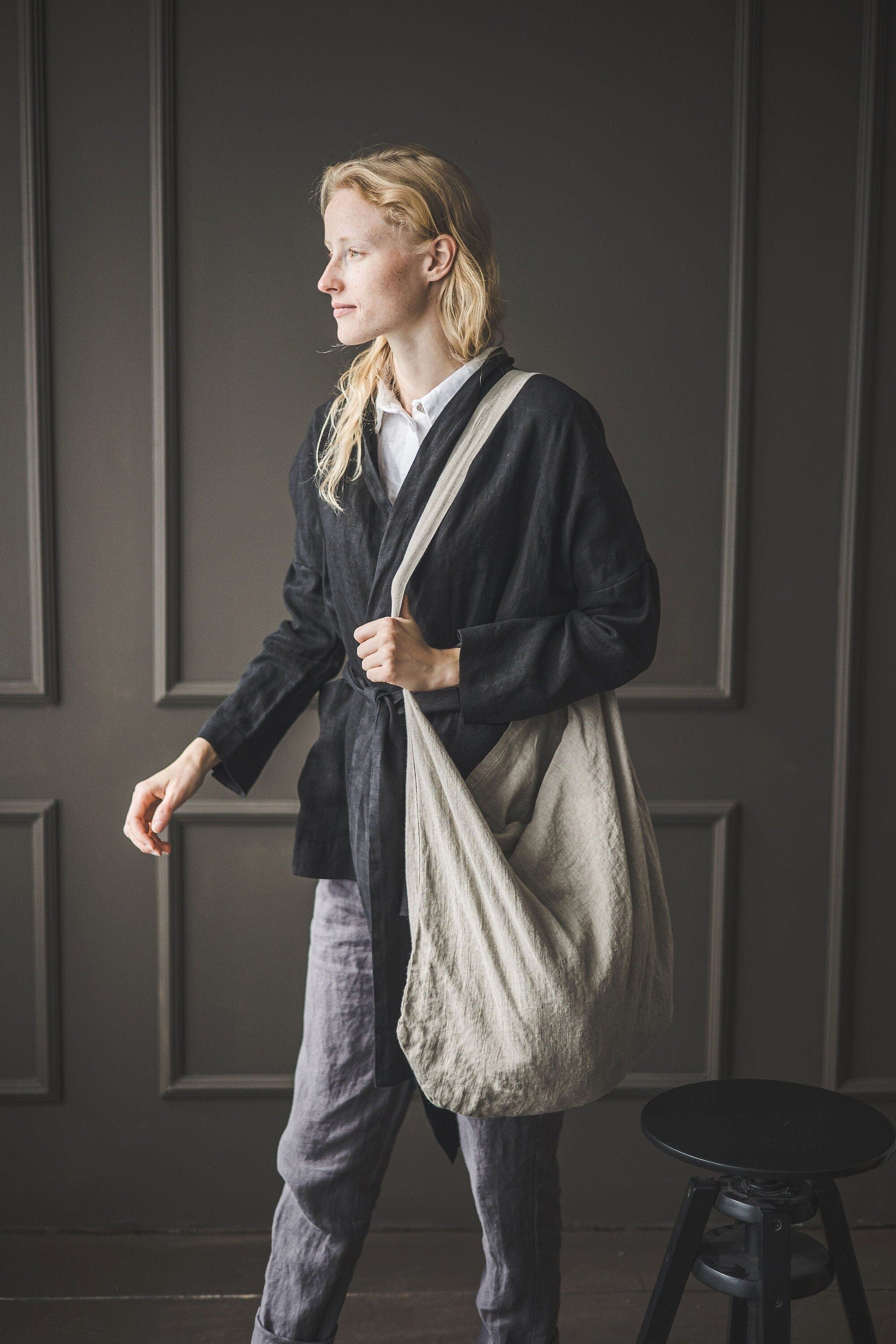 Handmade Linen Tote Bag Old Linen Mill Small Grey Checks