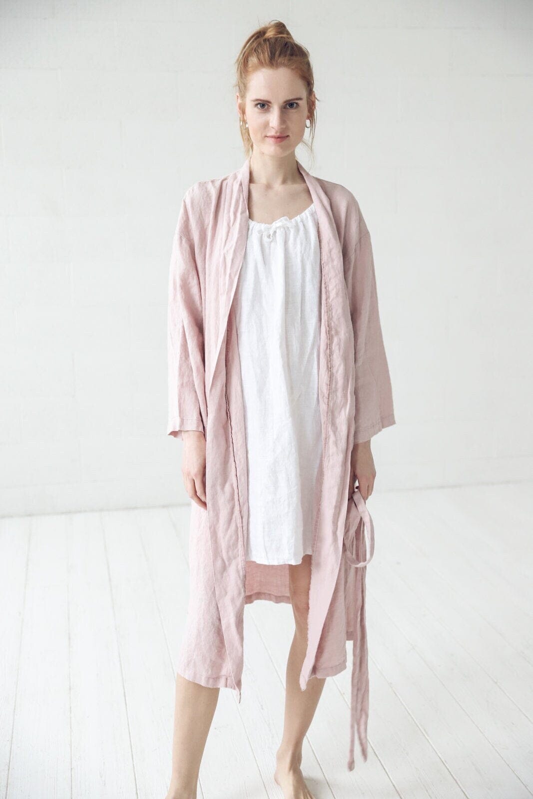Handmade Long Linen Bathrobe Old Linen Mill Small Grey Checks XS/S