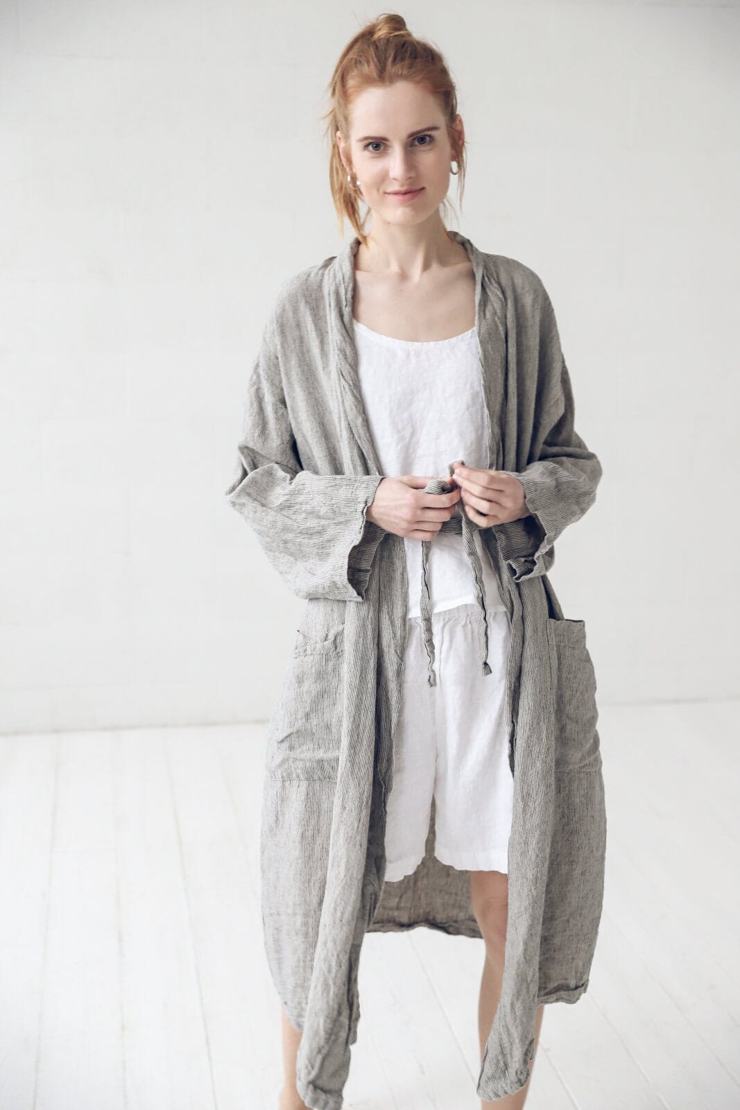Handmade Long Linen Bathrobe Old Linen Mill Small Grey Checks XS/S