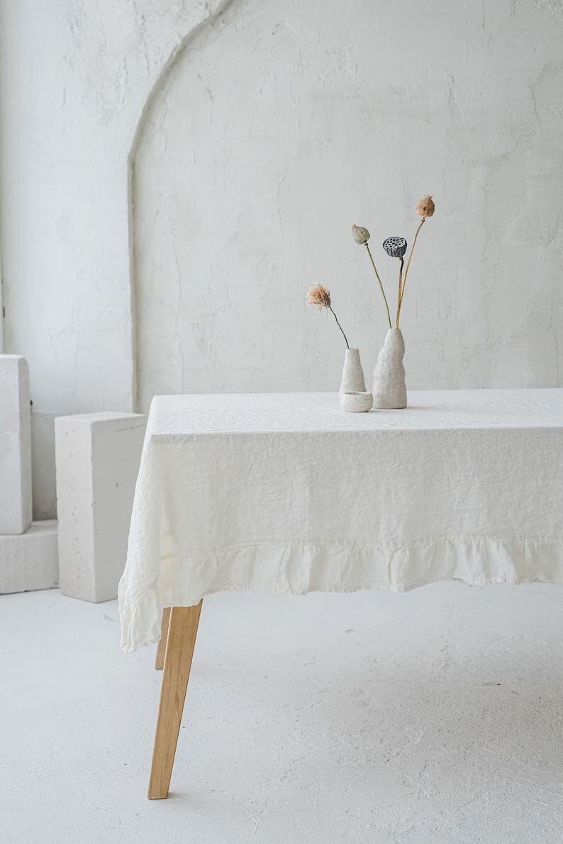 Handmade Table Linen Decor with Ruffles Old Linen Mill Sage Green 140 x 170 cm; 55.1" x 67"