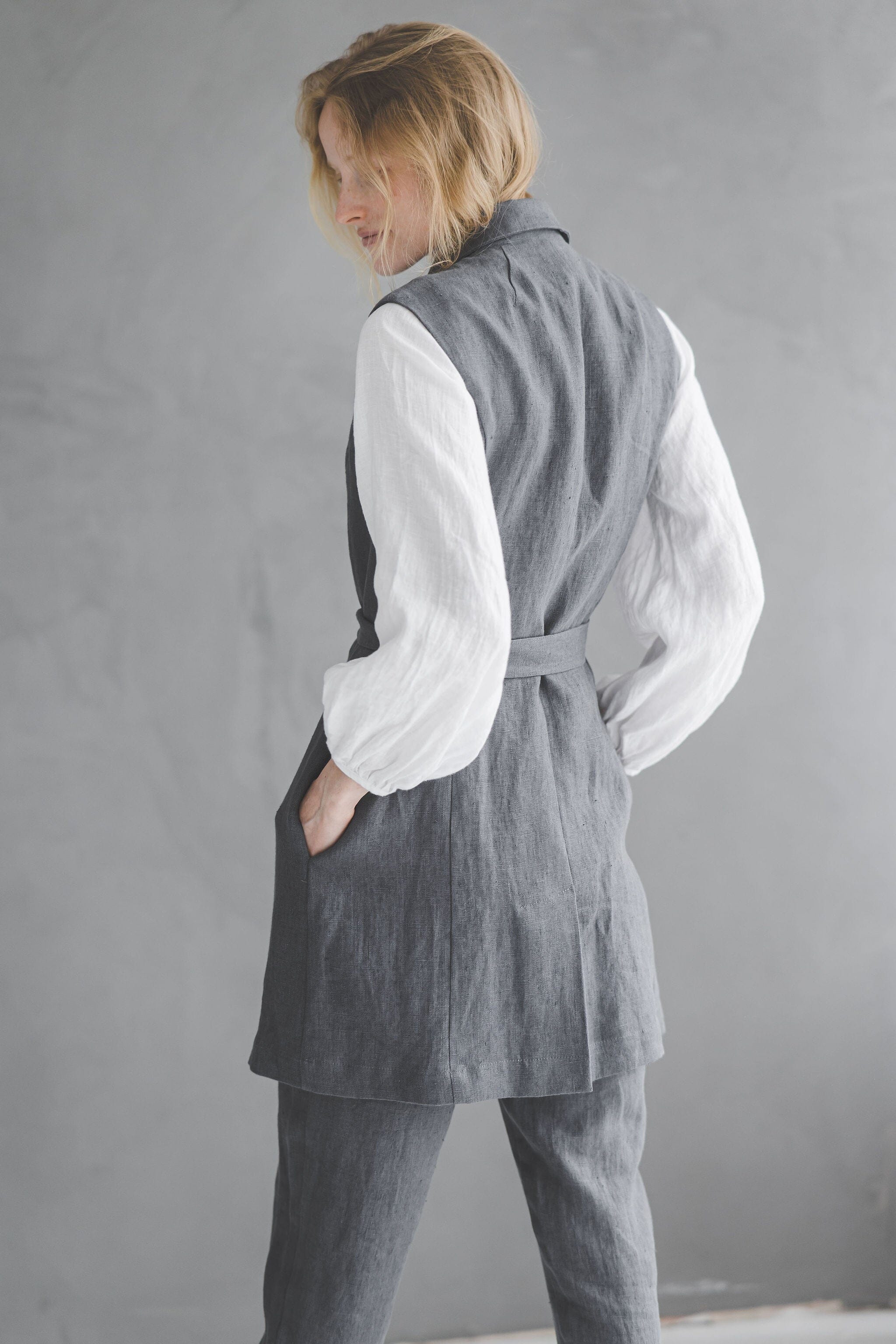 Heavy Linen Sleeveless Cardigan With Belt C17 Old Linen Mill