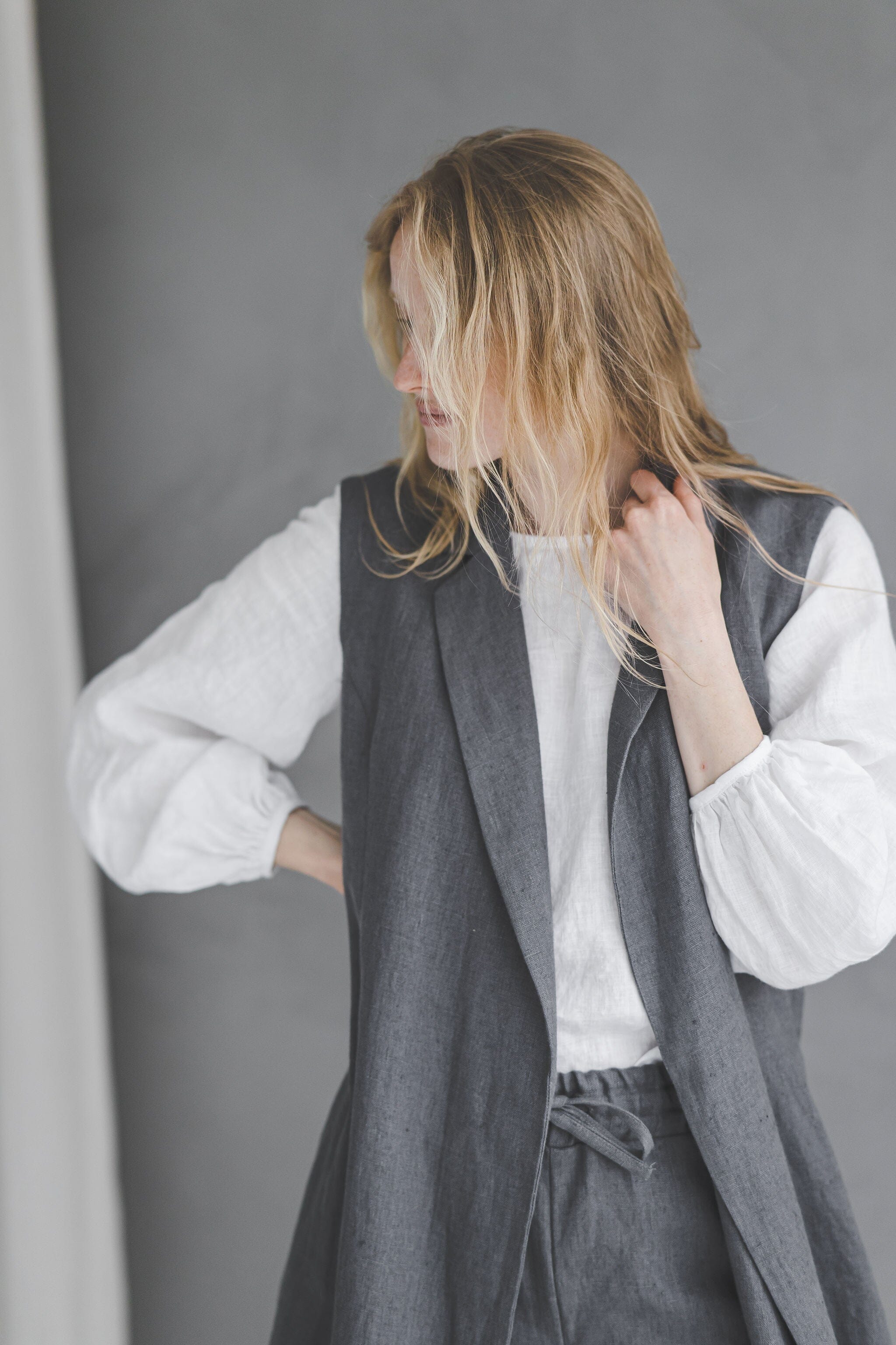 Heavy Linen Sleeveless Cardigan With Belt C17 Old Linen Mill