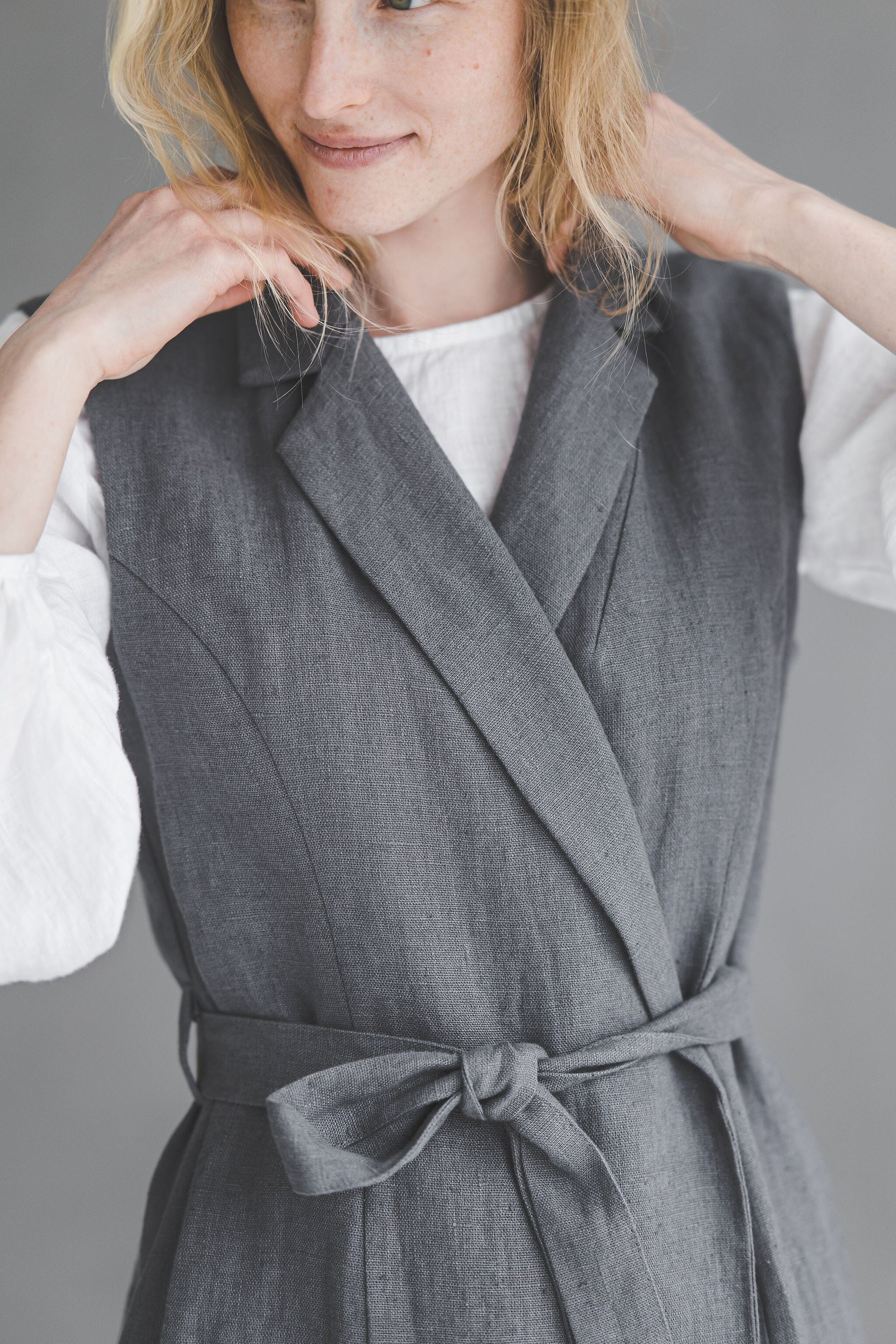 Heavy Linen Sleeveless Cardigan With Belt C17 Old Linen Mill