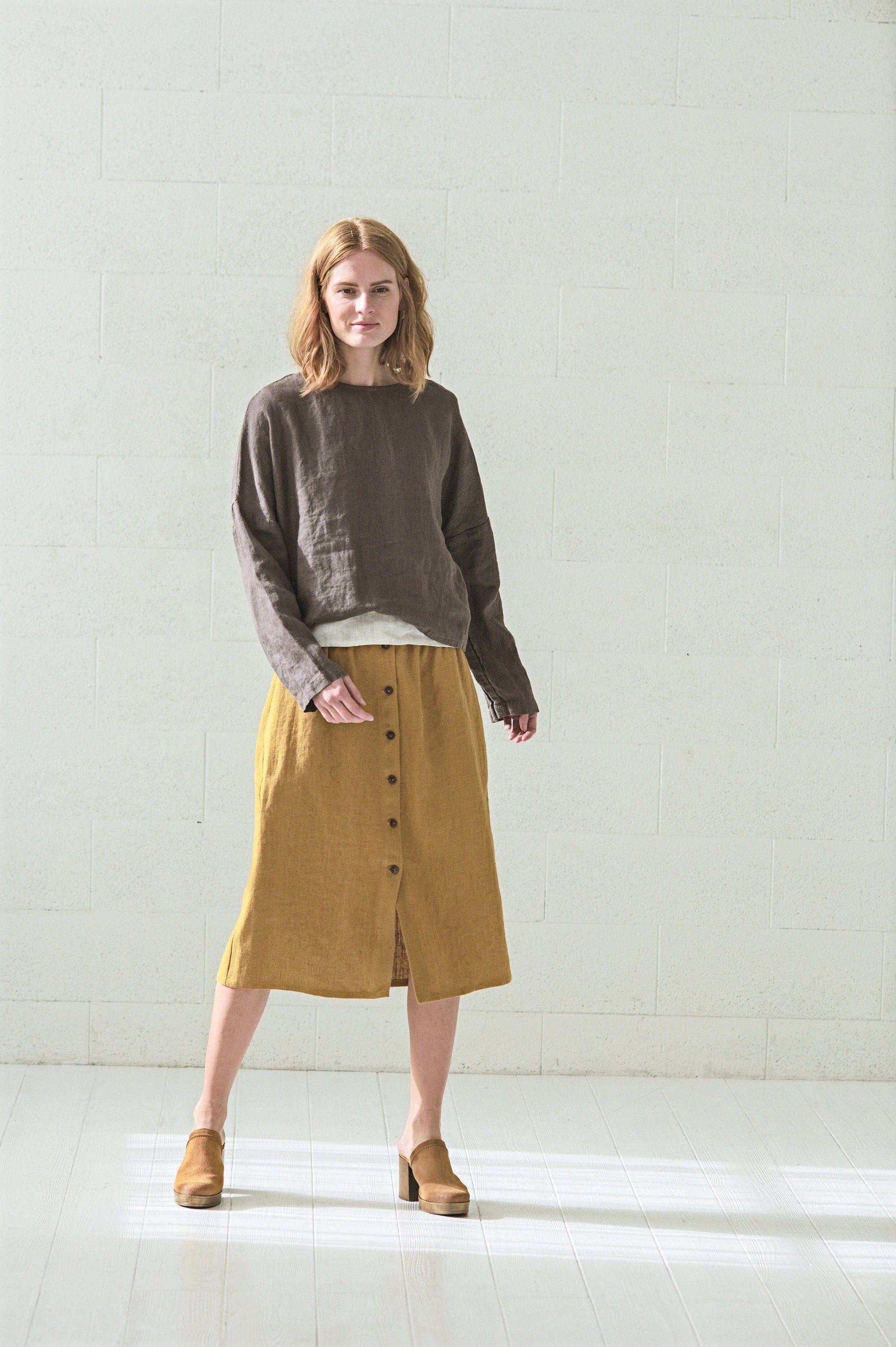 High Waist Heavy Linen Buttons Down Skirt Old Linen Mill Heavy Honey Gold XS/S