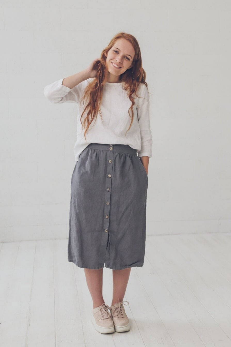 High Waist Linen Skirt Old Linen Mill Small Grey Checks XS/S