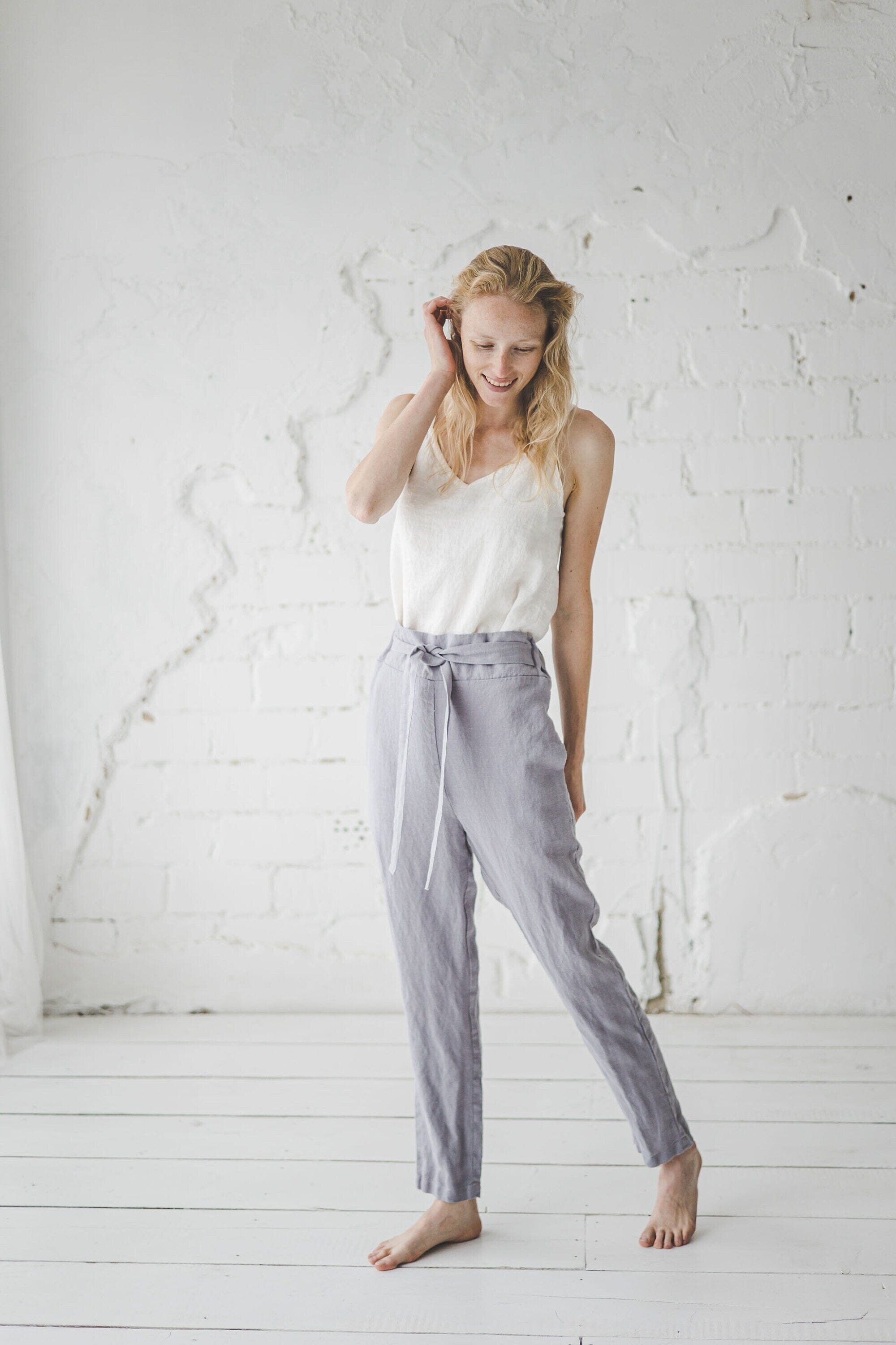 High Waisted Linen Pants with Belt Old Linen Mill Small Grey Checks XS