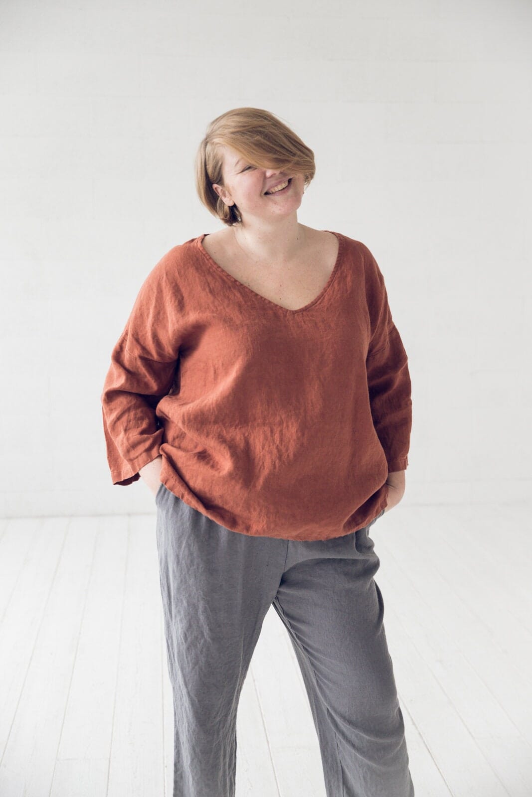 Kimono V-Neck Linen Top Blouse Old Linen Mill