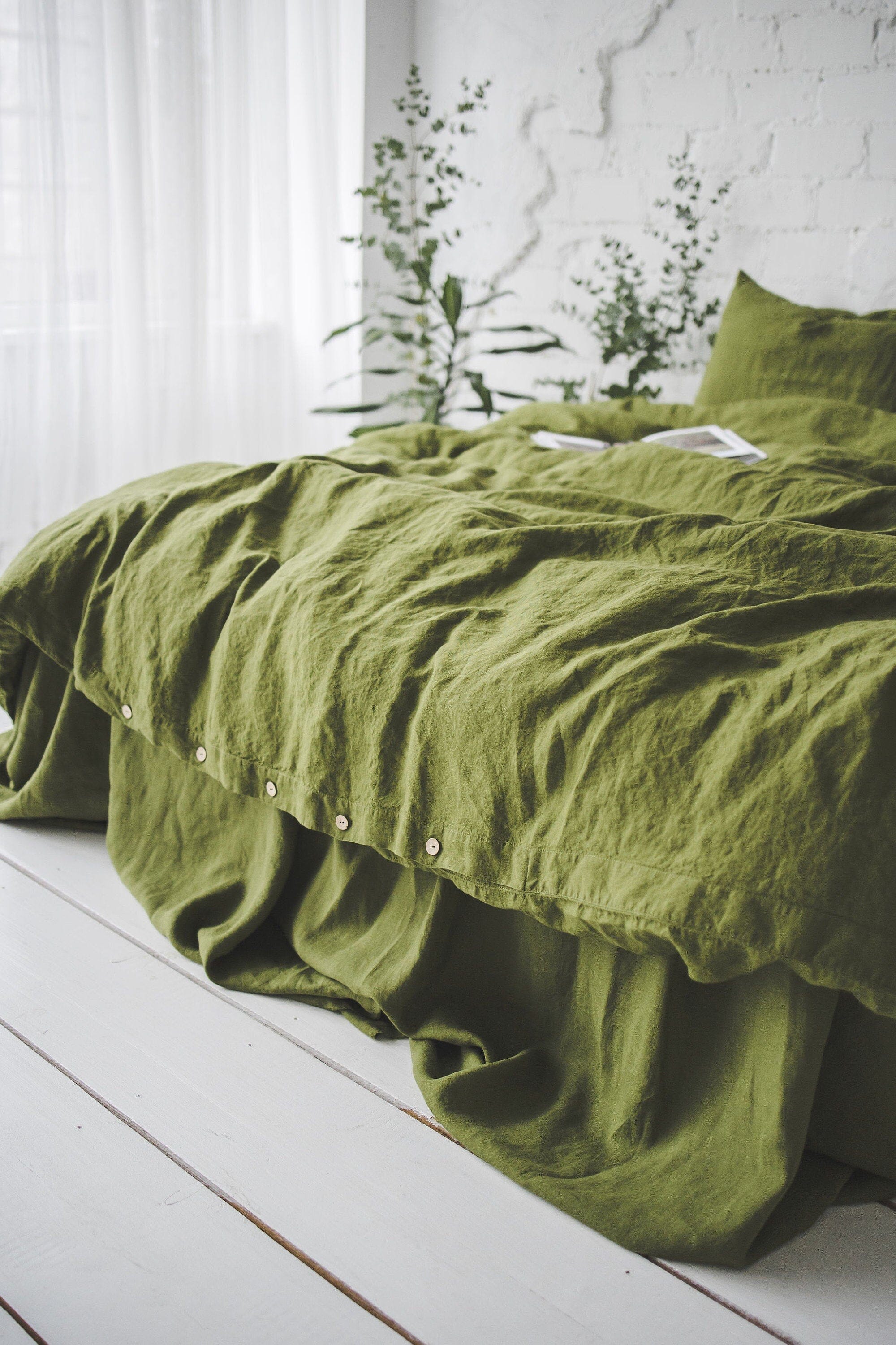 Linen Boho Moss Green Bedding Set Old Linen Mill