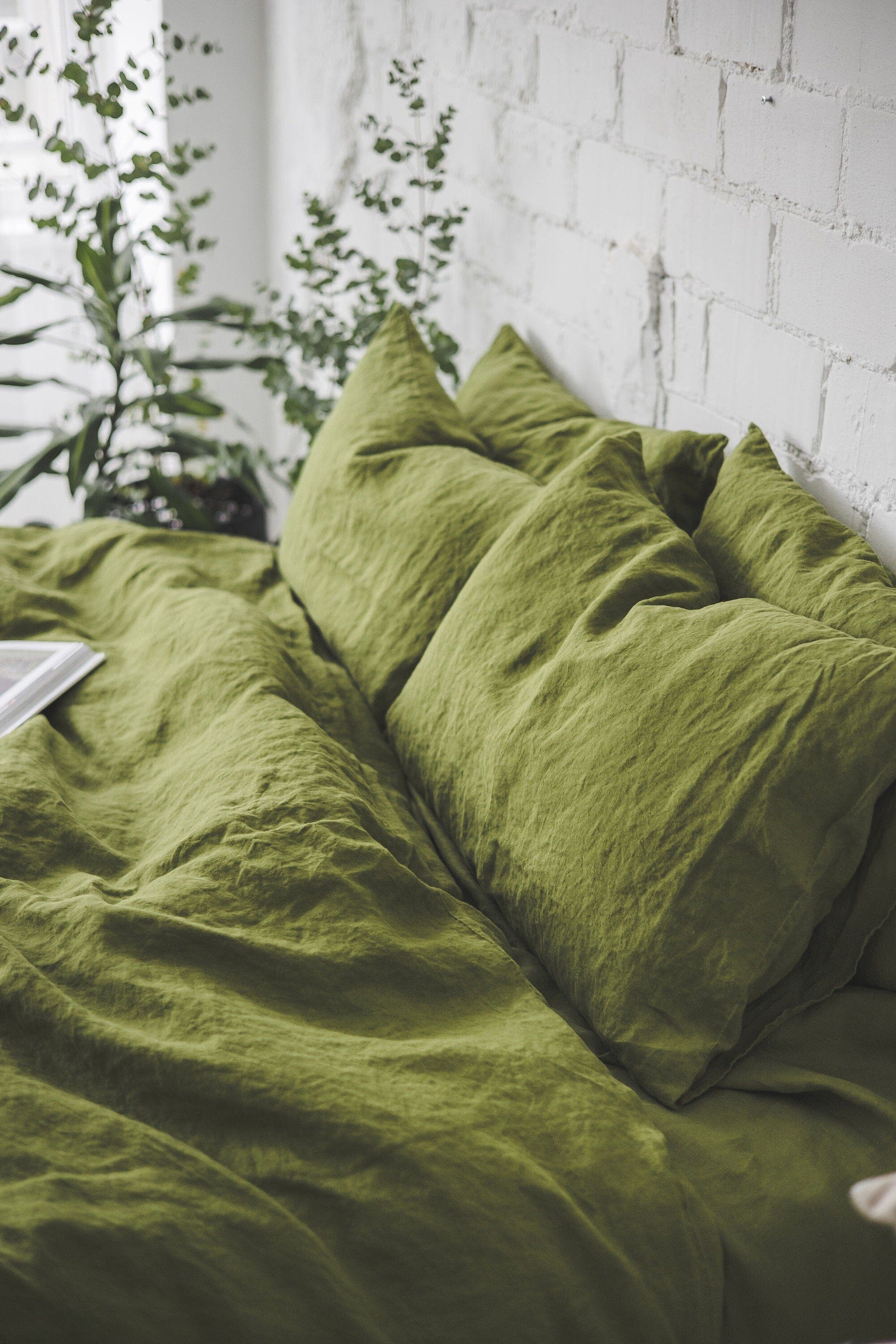 Linen Boho Moss Green Bedding Set Old Linen Mill