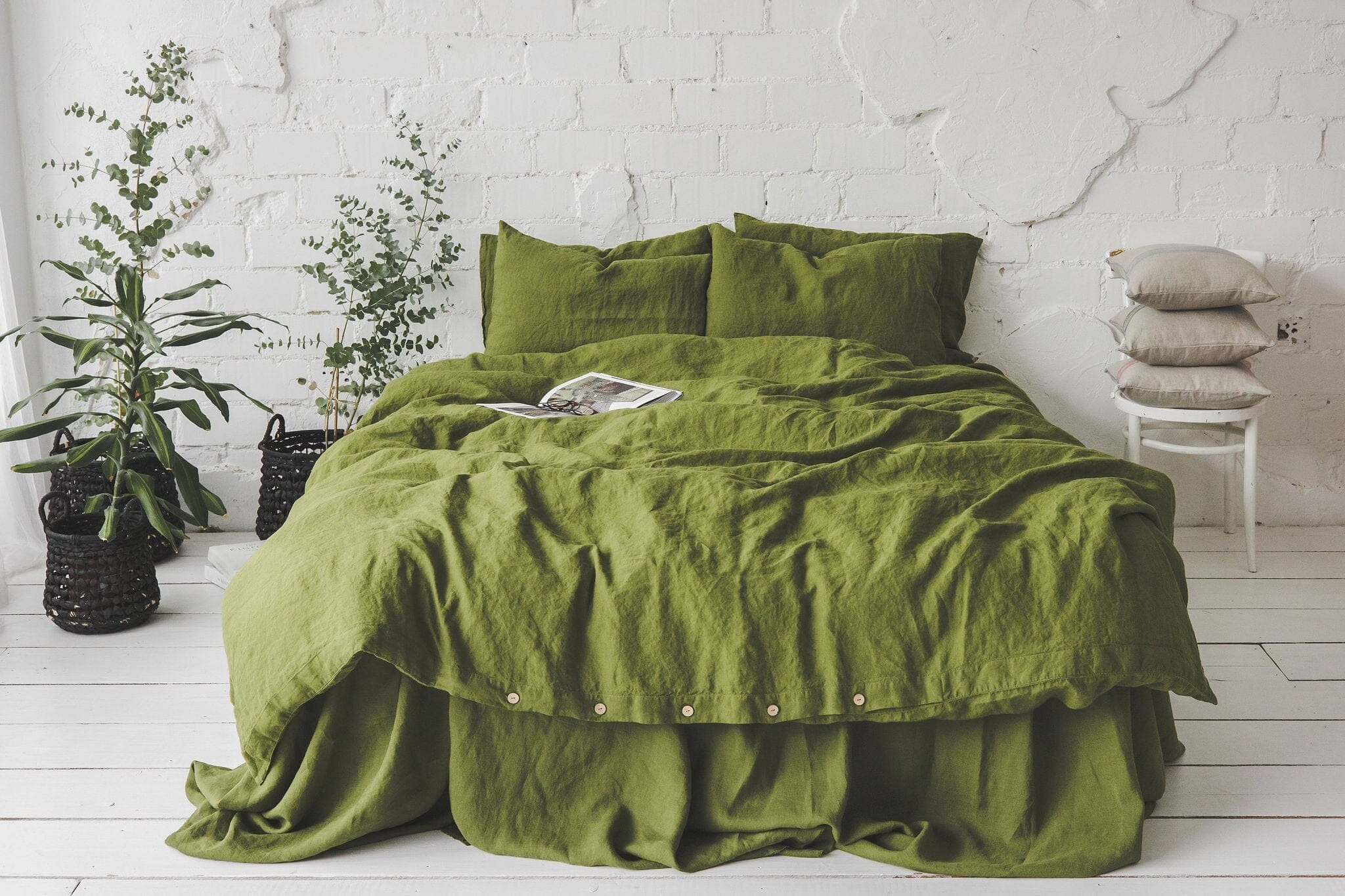 Linen Boho Moss Green Bedding Set Old Linen Mill Ivory US/CA Single