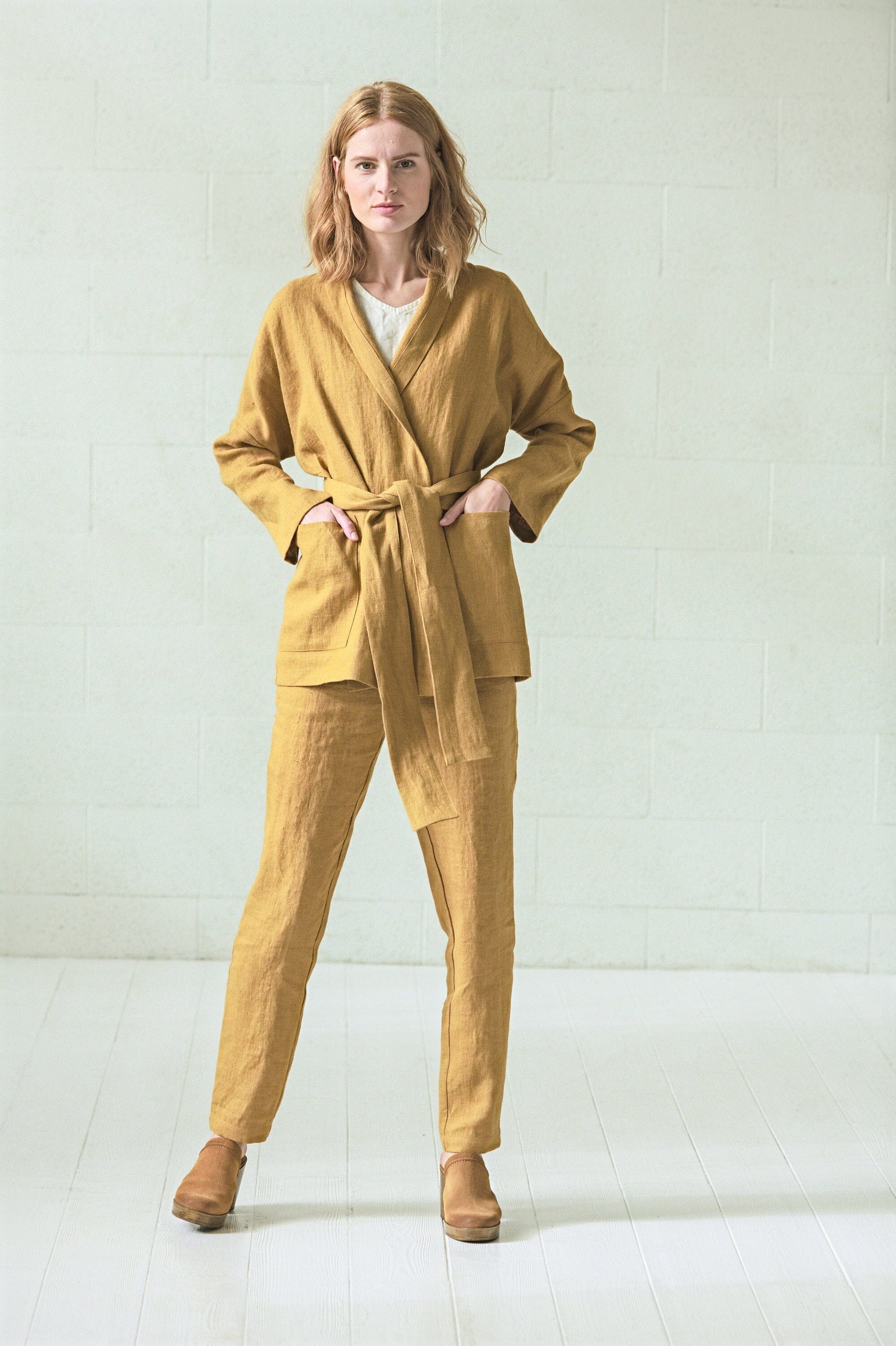 Linen Boho Style Jacket with Belt Old Linen Mill Heavy Honey Gold XS/S