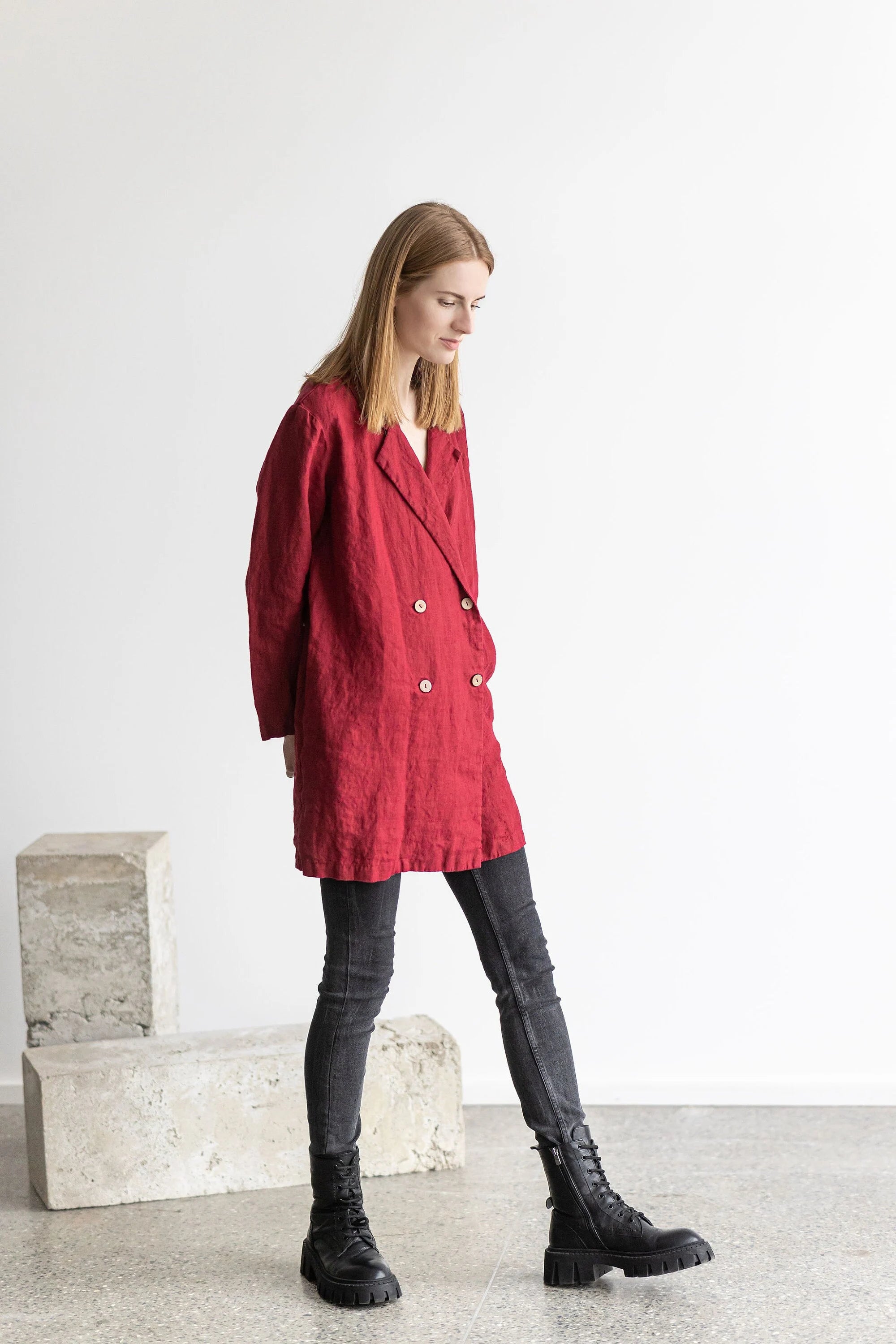 Linen Boyfriend Jacket, Classic Linen Blazer with Pockets Old Linen Mill