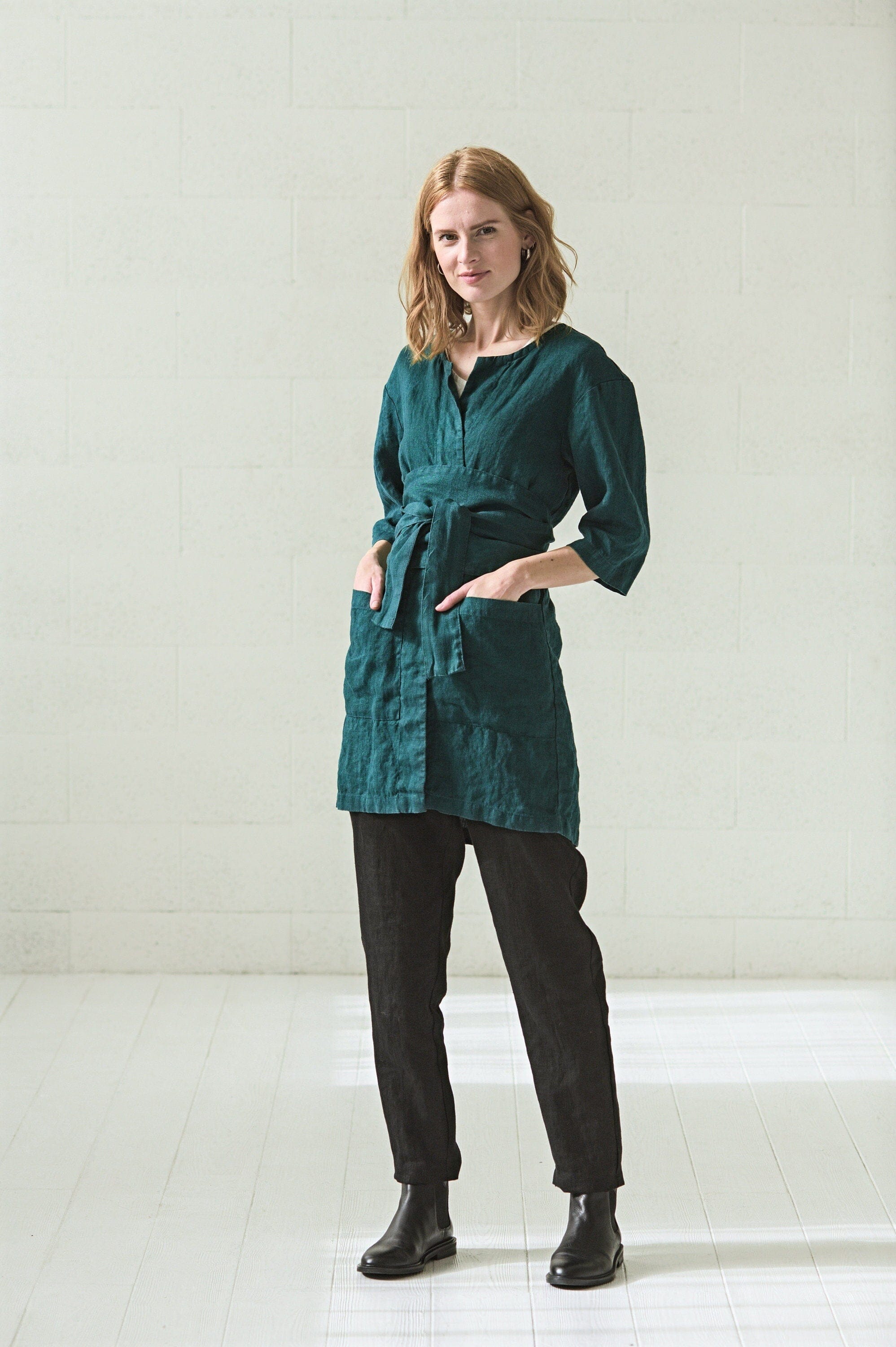 Linen Cardigan with Pockets and Belt Old Linen Mill Small Grey Checks XS/S