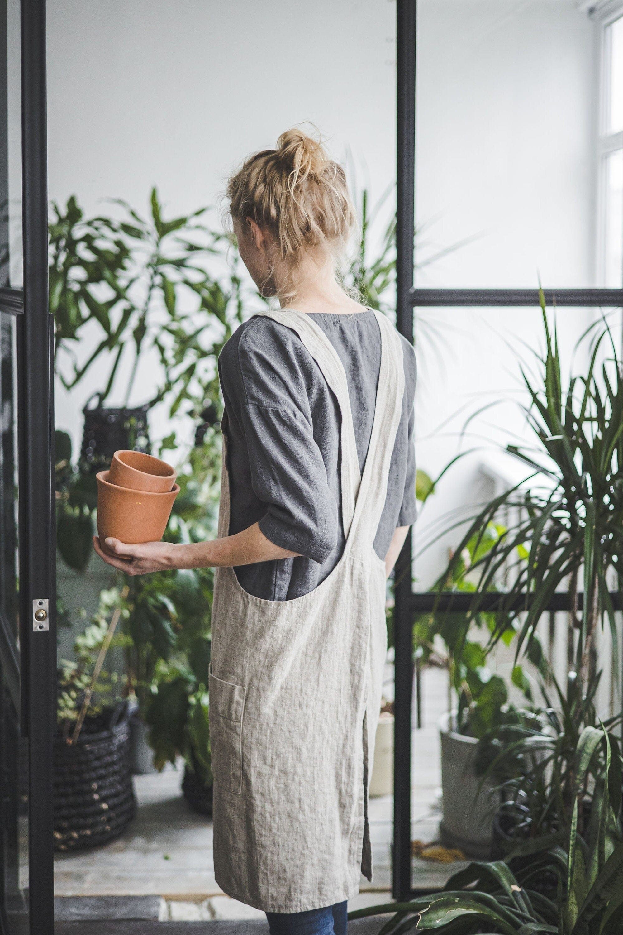 Linen Cross Back Pinafore Apron Dress with Pockets Old Linen Mill