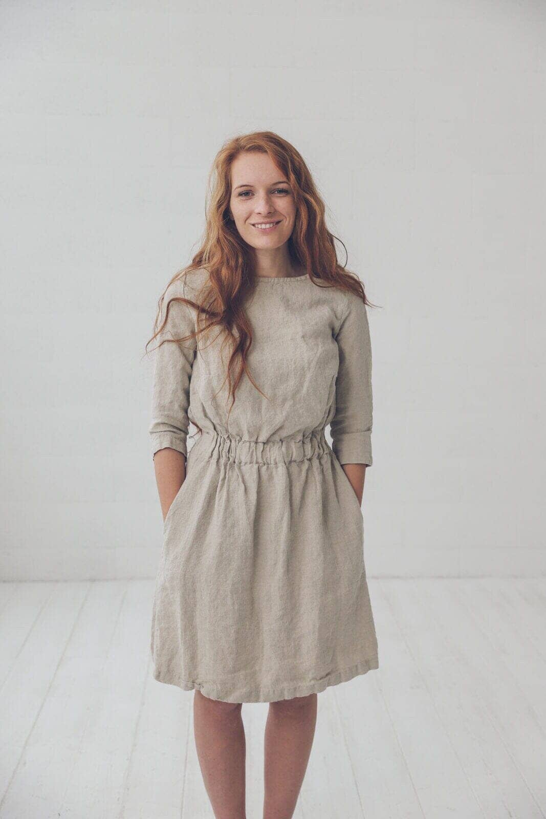 Linen Dress with Pockets and 3/4 Sleeves D06-2 Beige / XS Old Linen Mill