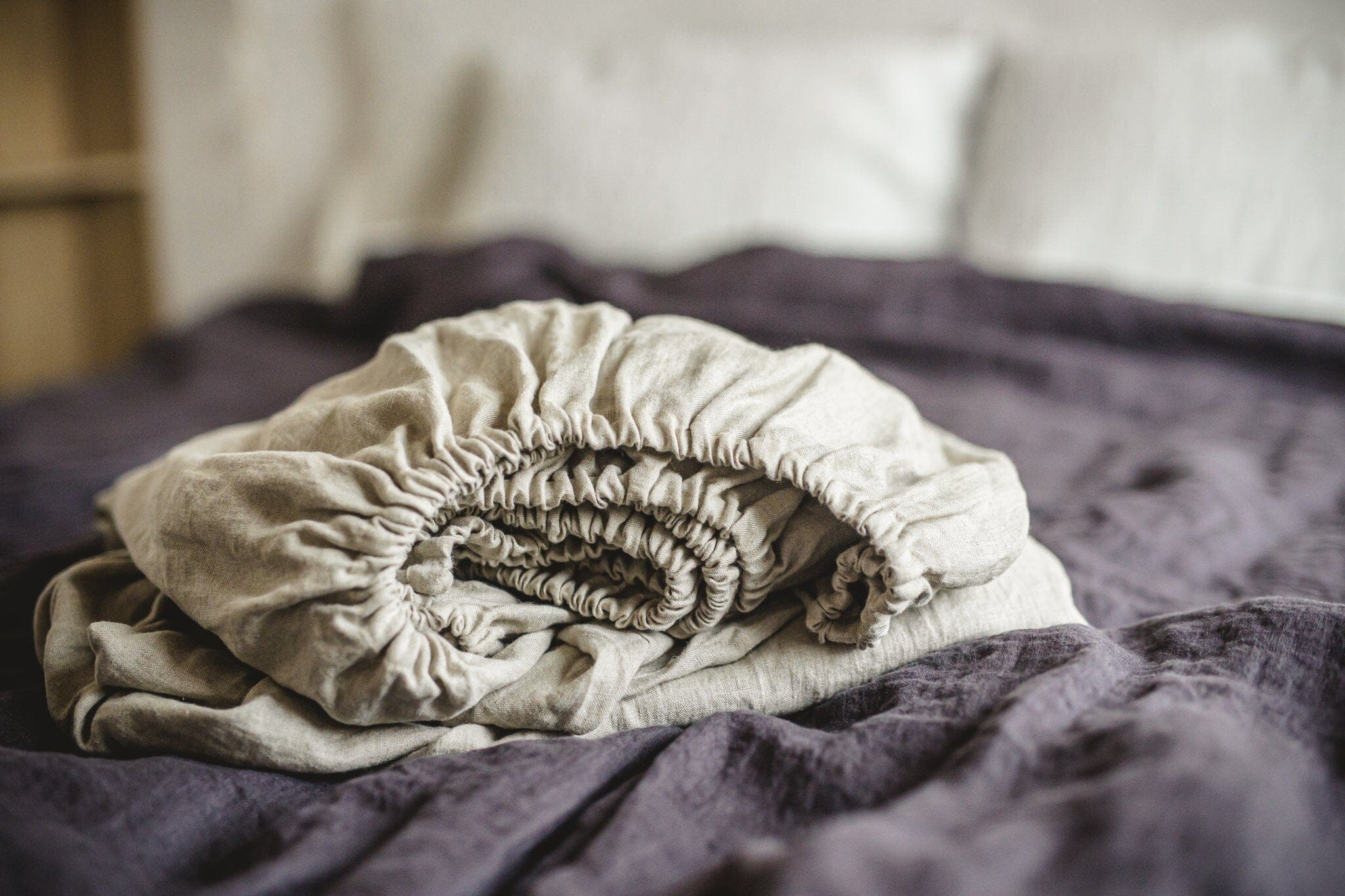 Linen Elastic Soft Washed Band Sheet Old Linen Mill Ivory US/CA Twin 35x75+8 in