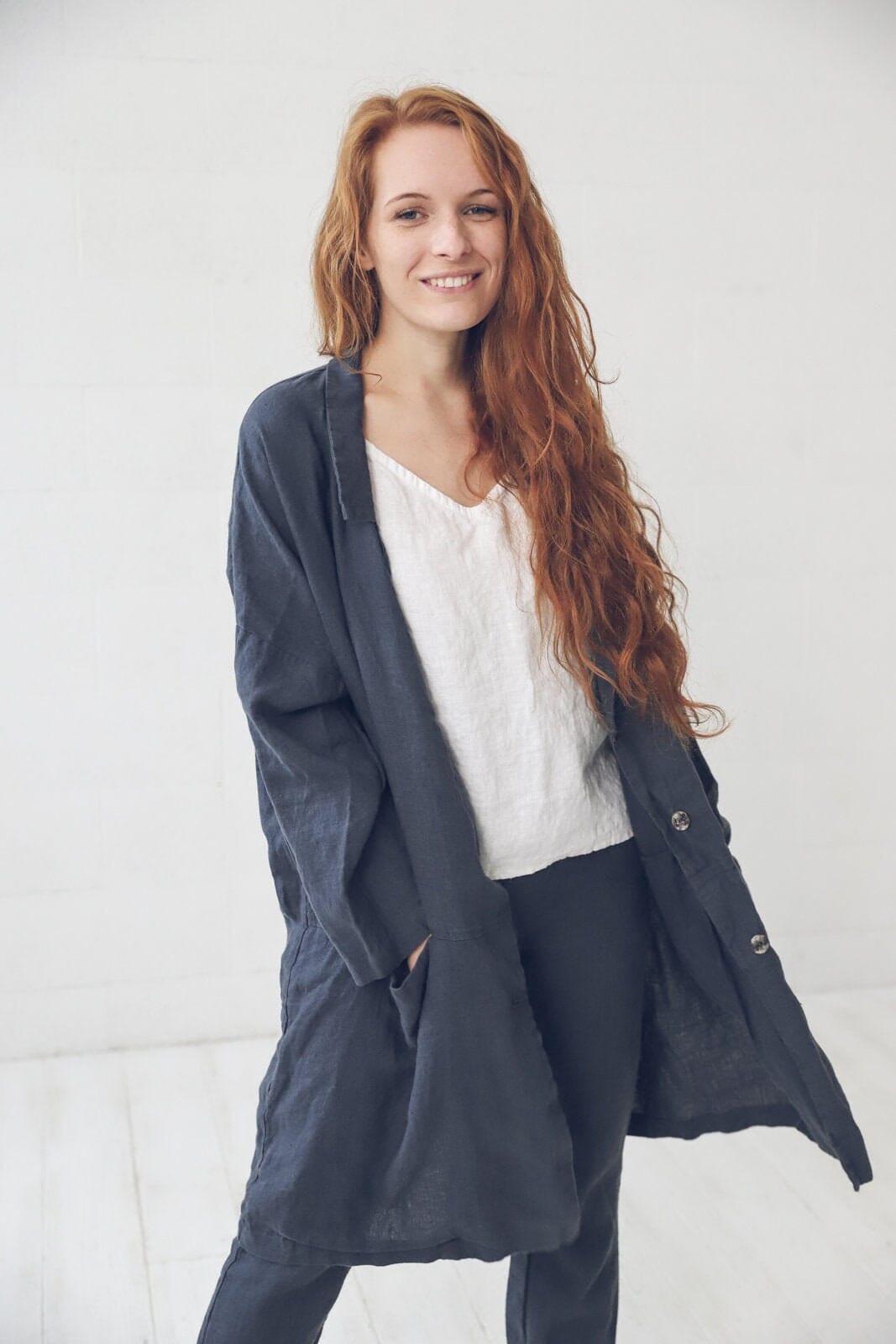 Linen Jacket with Pockets Old Linen Mill Small Grey Checks XS/S