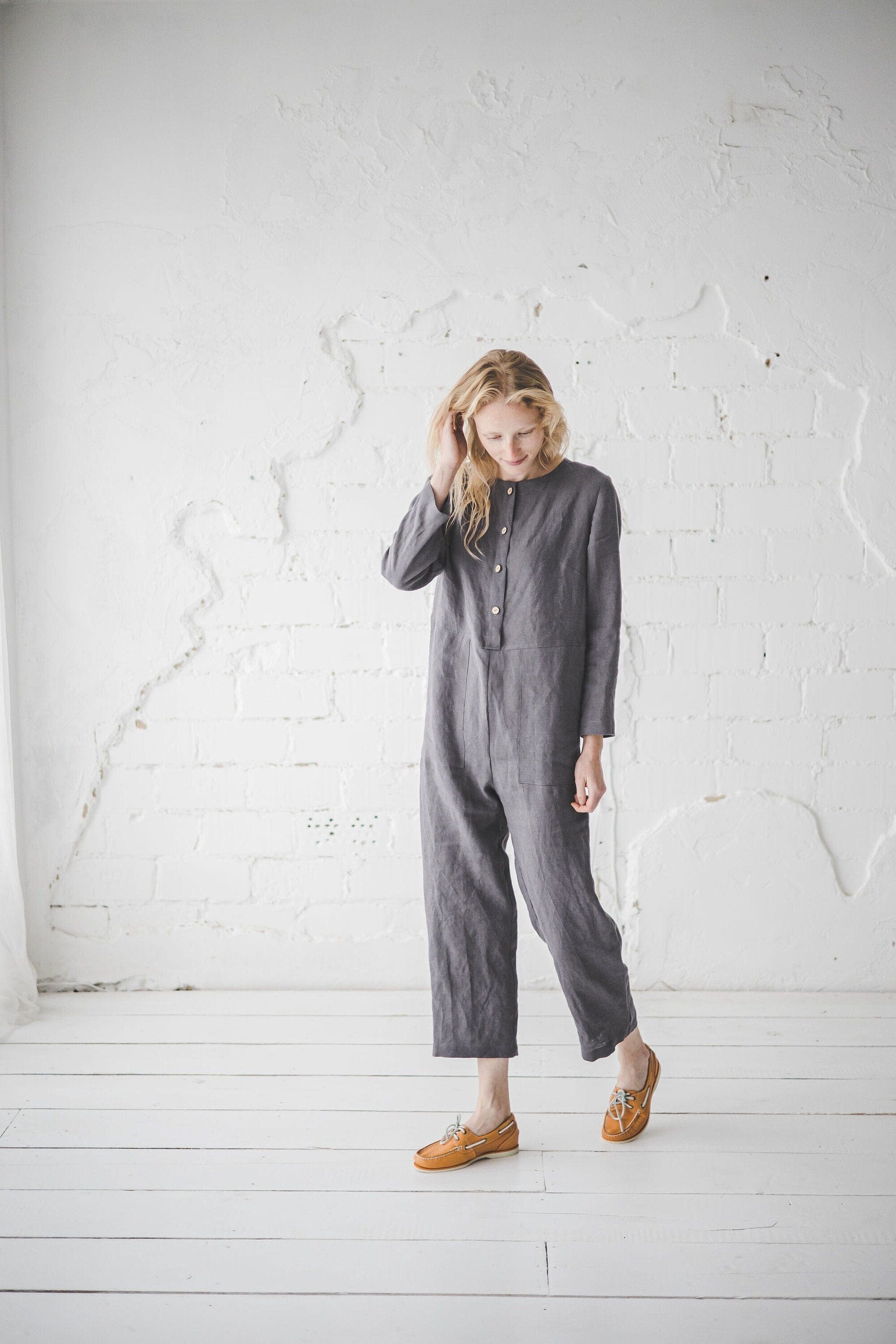Linen Jumpsuit with Front Pockets Old Linen Mill Small Grey Checks XS