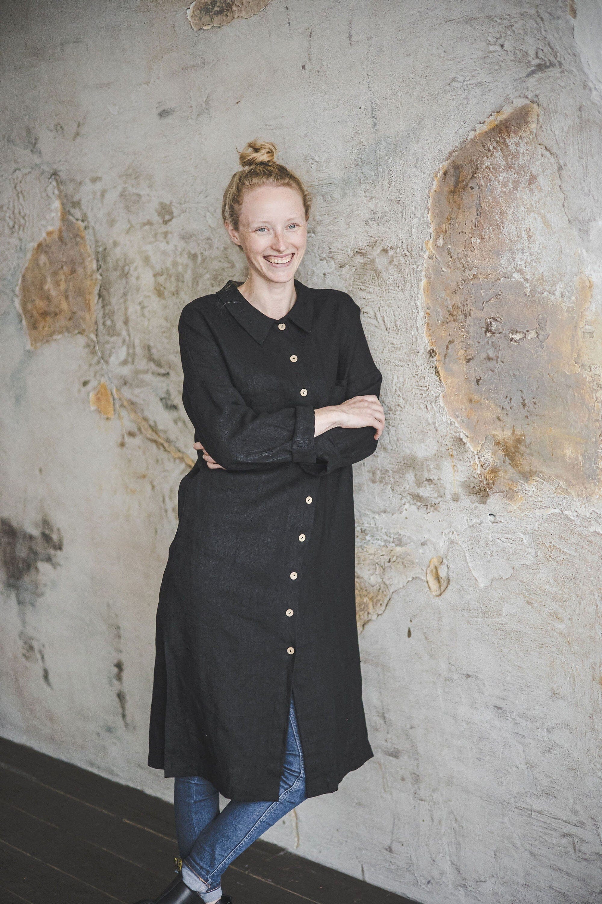 Linen Long Buttons Down Dress Old Linen Mill Heavy Black XS