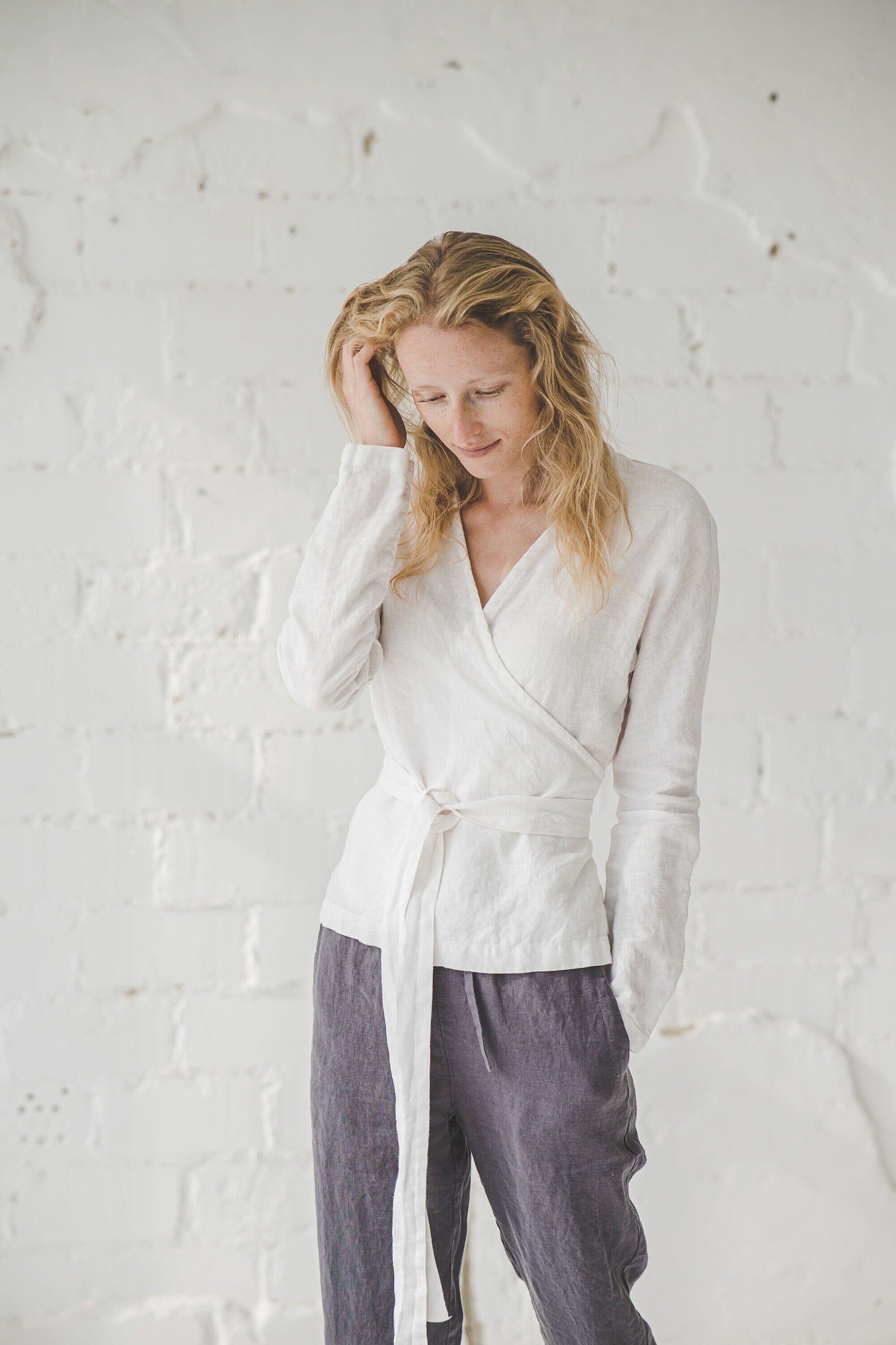 Linen Long Sleeve Blouse Old Linen Mill Small Grey Checks XS/S